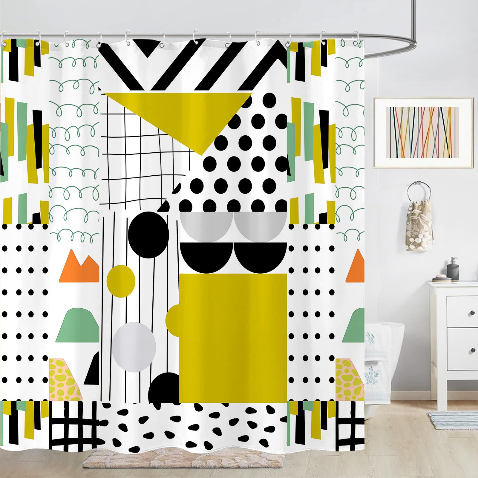 Zussun 84 Inch Extra Long Bright Geometric Shower Curtain Mid Century Modern Shower Curtains for Bathroom Abstract Yellow Black White Waterproof Fabric Bath Curtain with Hooks (Yellow2  72'' x 84'')
