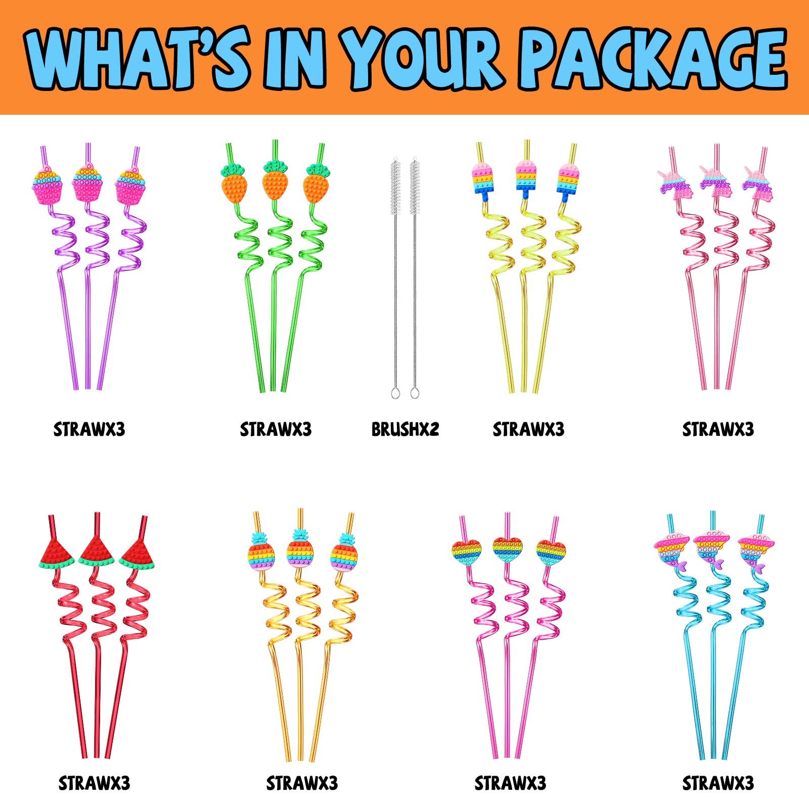 24 Pop Birthday Party Favors It Plastic Drinking Straws 8 Pop Fidget Designs Great For Pop Party Supplies With 2 Cleaning Brush