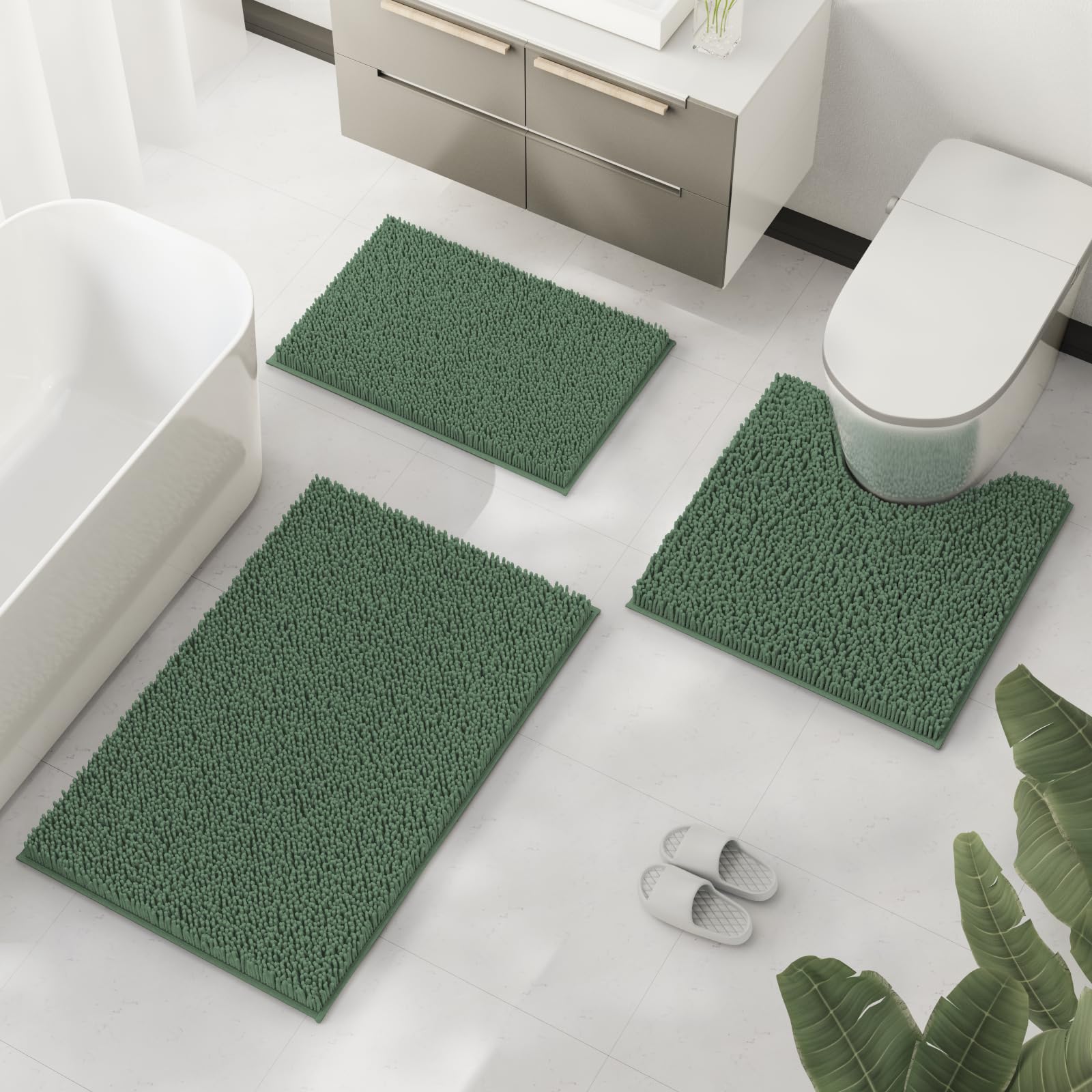 Christmas Green Bathroom Rugs Set 3 Piece Bath Mat, Super Soft Bathroom Set Chenille, Non-Slip Bath Rug Set, Absorbent Bathroom