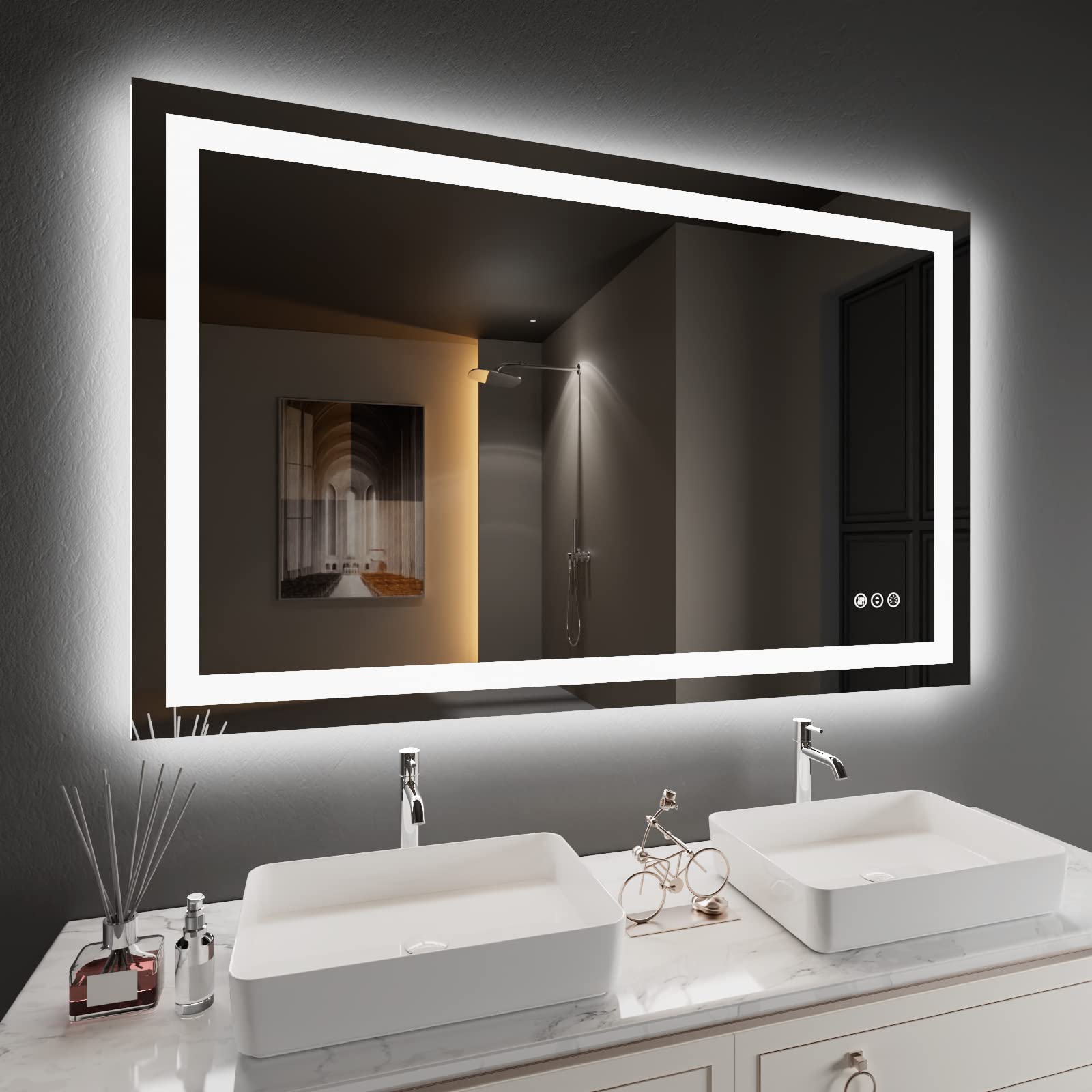 Amorho Led Bathroom Mirror 48''X 30'' With Front And Backlit, Stepless Dimmable Wall Mirrors With Anti-Fog, Shatter-Proof, Memor