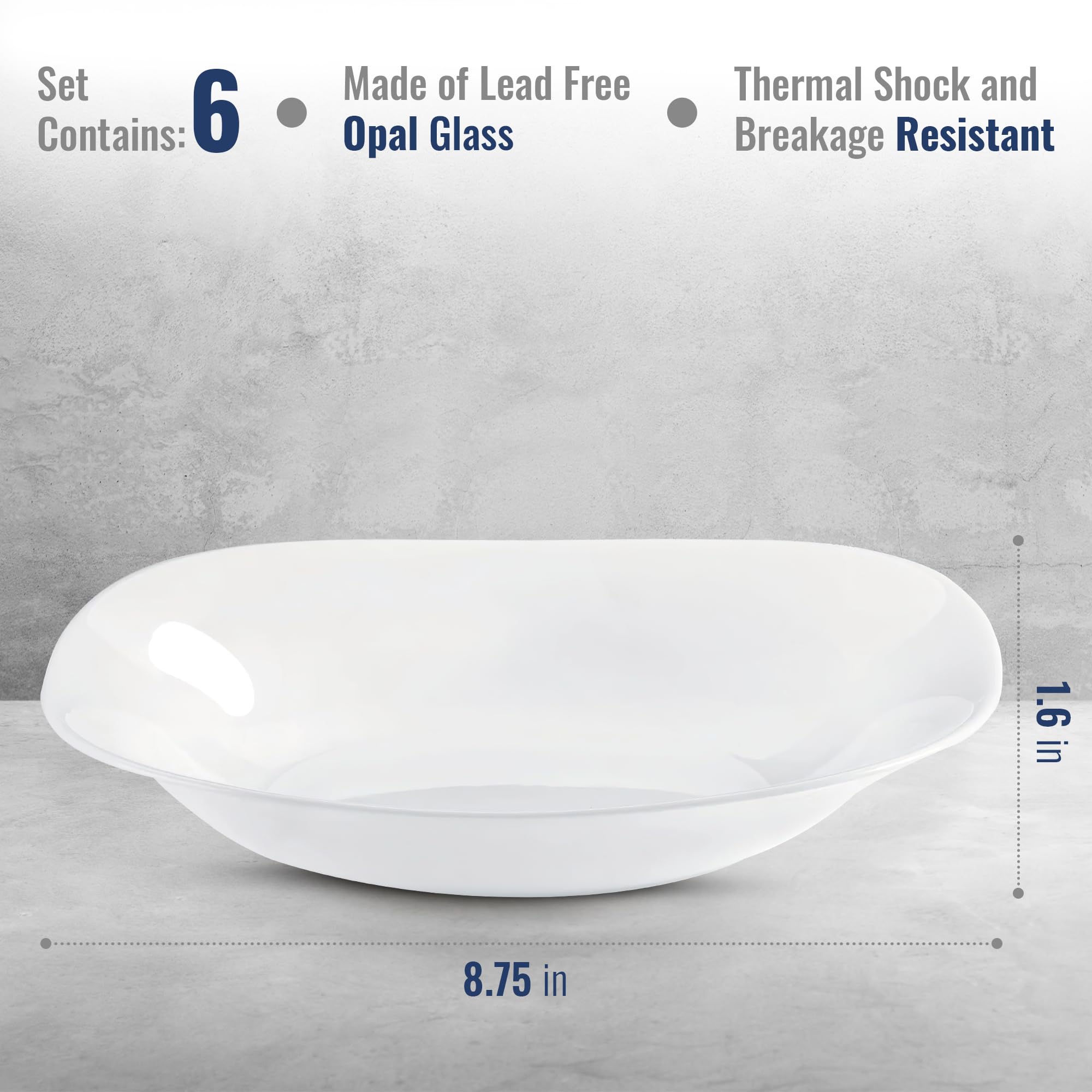 Bormioli Rocco Parma Set Of 6 Pasta Bowls And Soup Plates, 8.75 Inch Tempered Opal Glass, Clean White, Linear & Curved Design, D