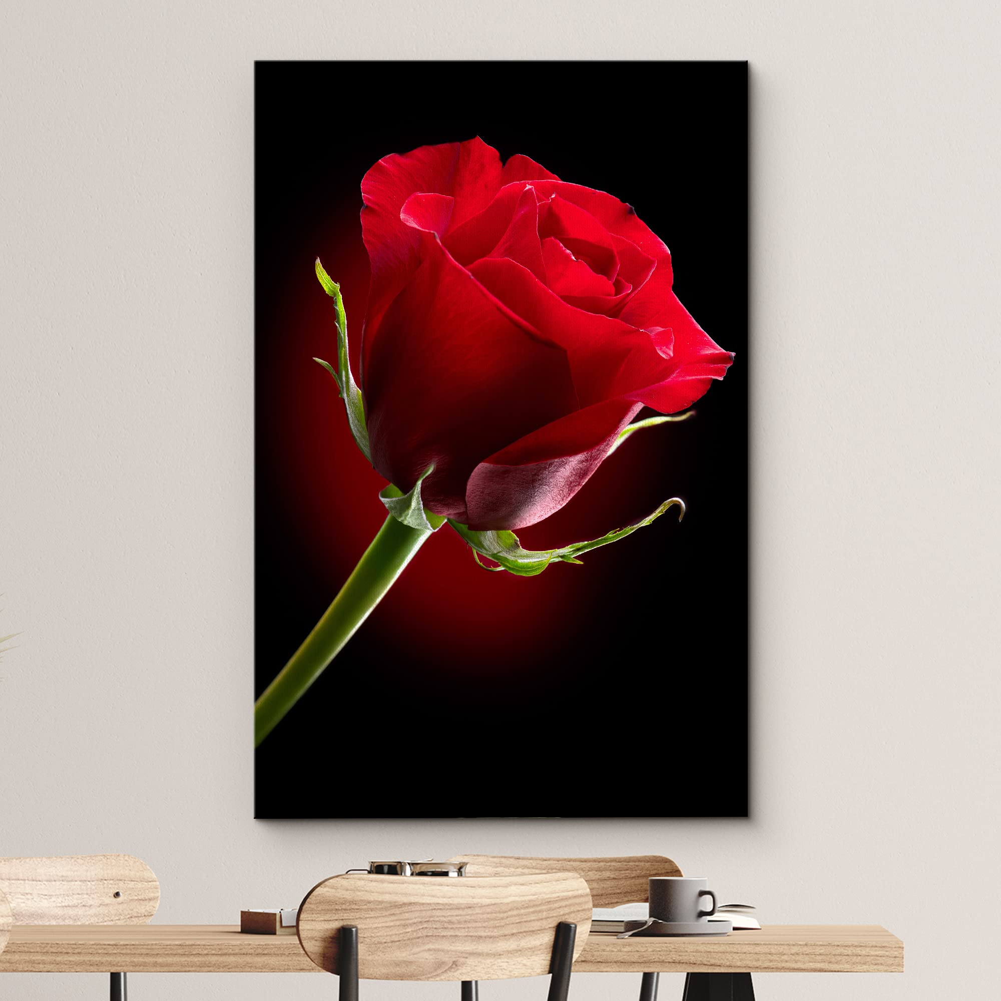 Canvas Prints Wall Art - Closeup Of Red Rose Flower Against Black Background | Modern Wall Decor/Home Decoration Stretched Galle