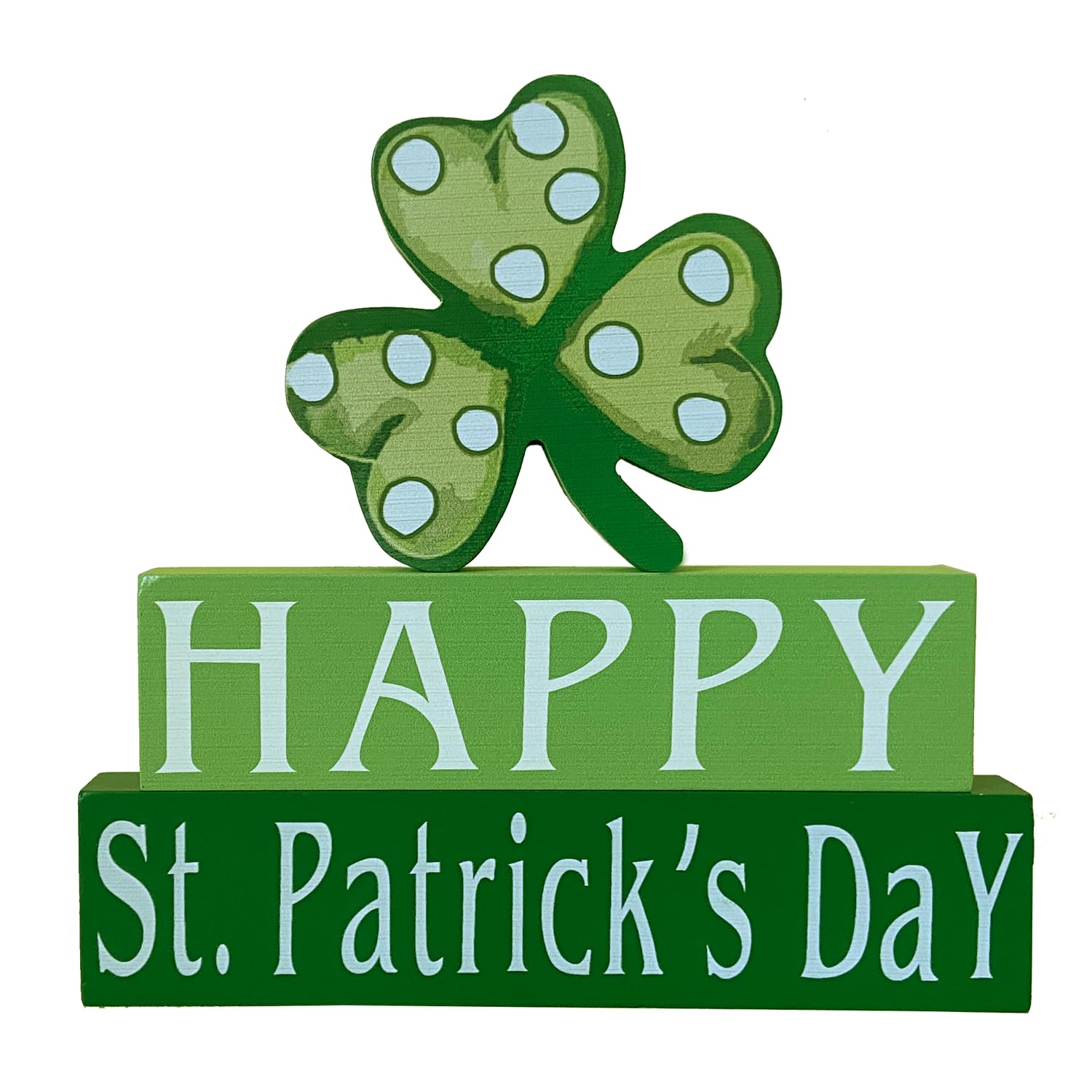 Happy St. Patricks Day Wood Block Table Sign, Wooden Shamrock Table Top Decorations Tiered Trays Desk Shelf Irish Home Office C
