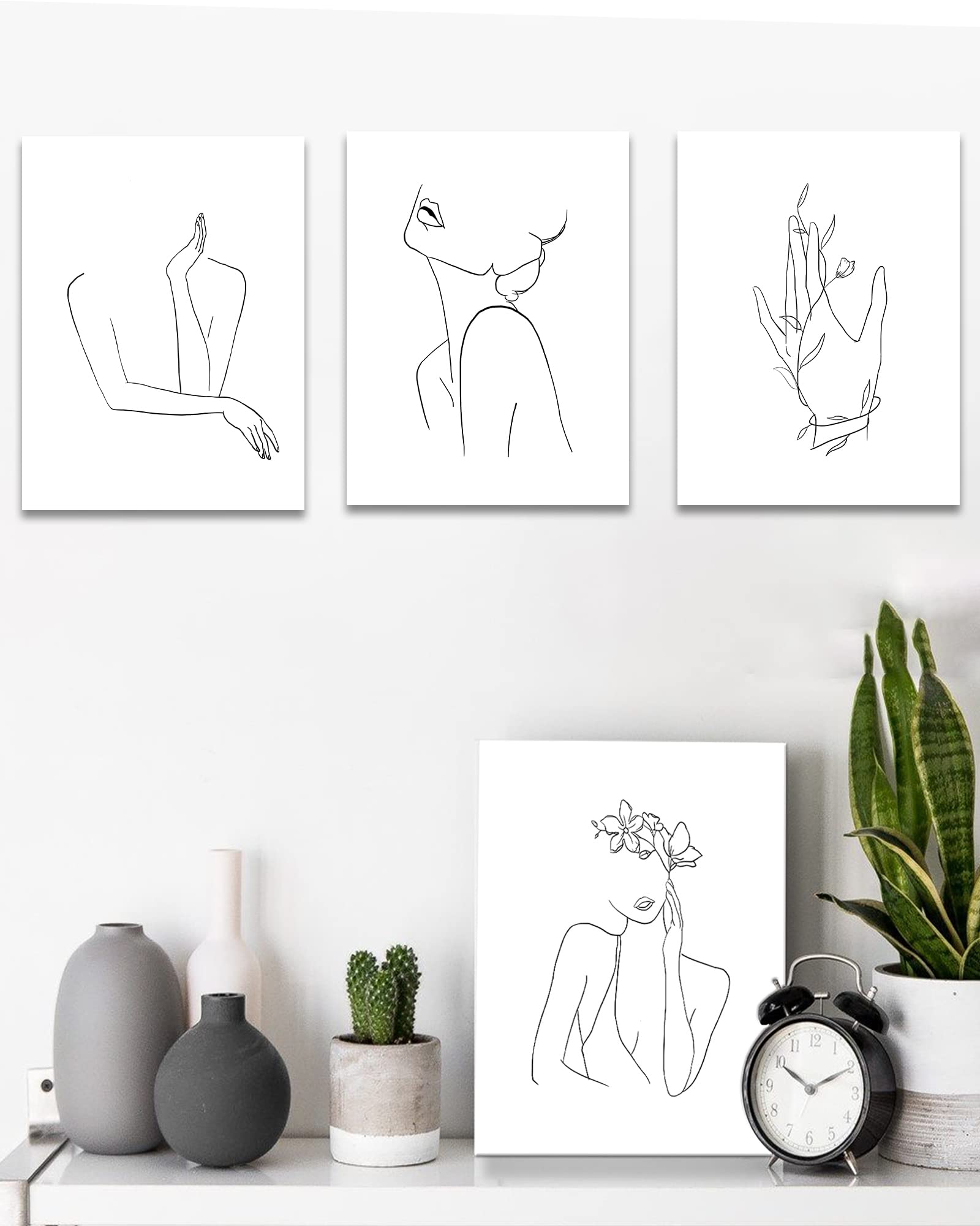 Minimalist Line Art Prints Wall Decor - Abstract Flower Line Art - Modern Black and White Artwork - Women Office Bedroom Bathroom Decoration - FRAMED  8''x10''  4 Piece Set