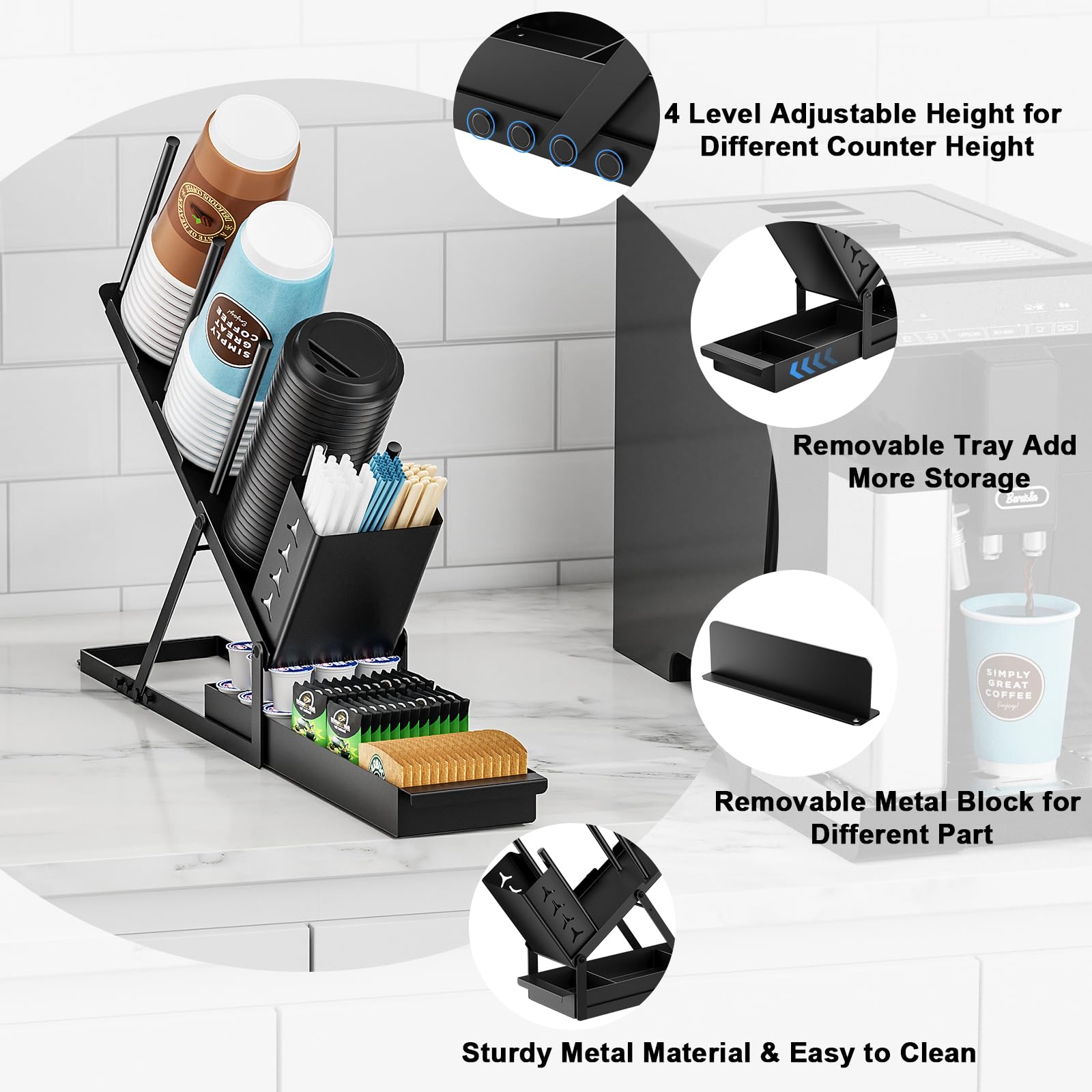 Zddloinp Cup And Lid Holder With Straw Organizer Coffee Station Organizer, Cup Dispenser 3 Compartment Coffee Cup Holder For Cof