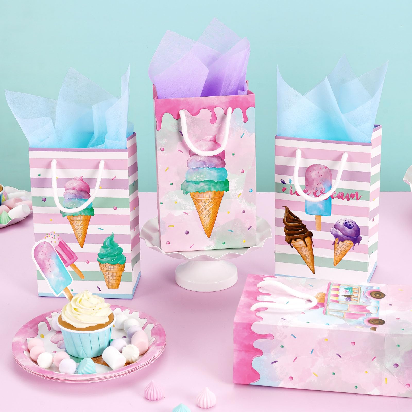 Wernnsai 16 Pcs Ice Cream Gift Bags With Handles Reusable Ice Cream Party Favor Bags For Summer Party Supplie Candy Tote Bags Fo