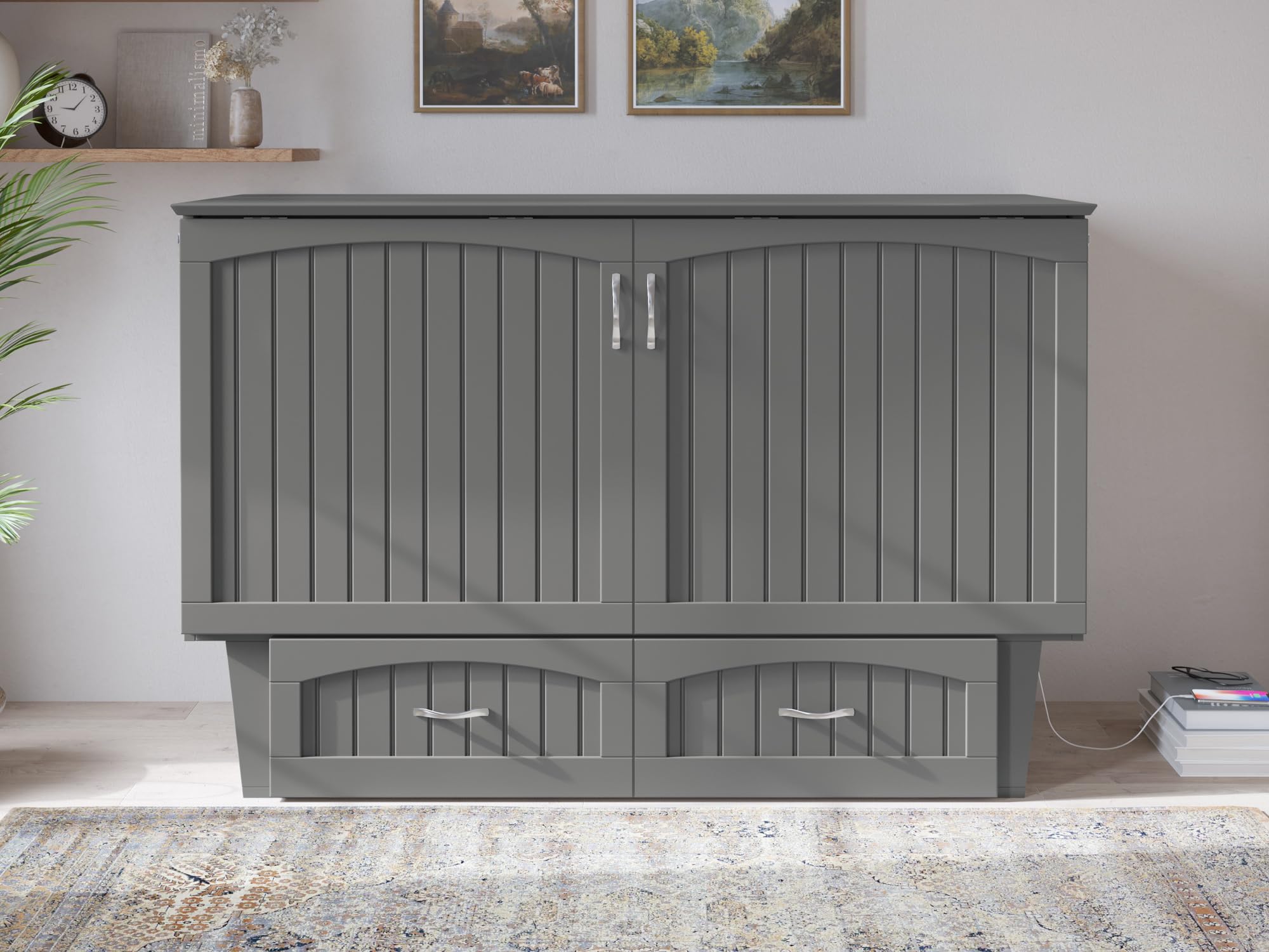 Afi, Nantucket Queen Murphy Bed Chest With Mattress, Storage Drawer And Built-In Usb Charger, Grey