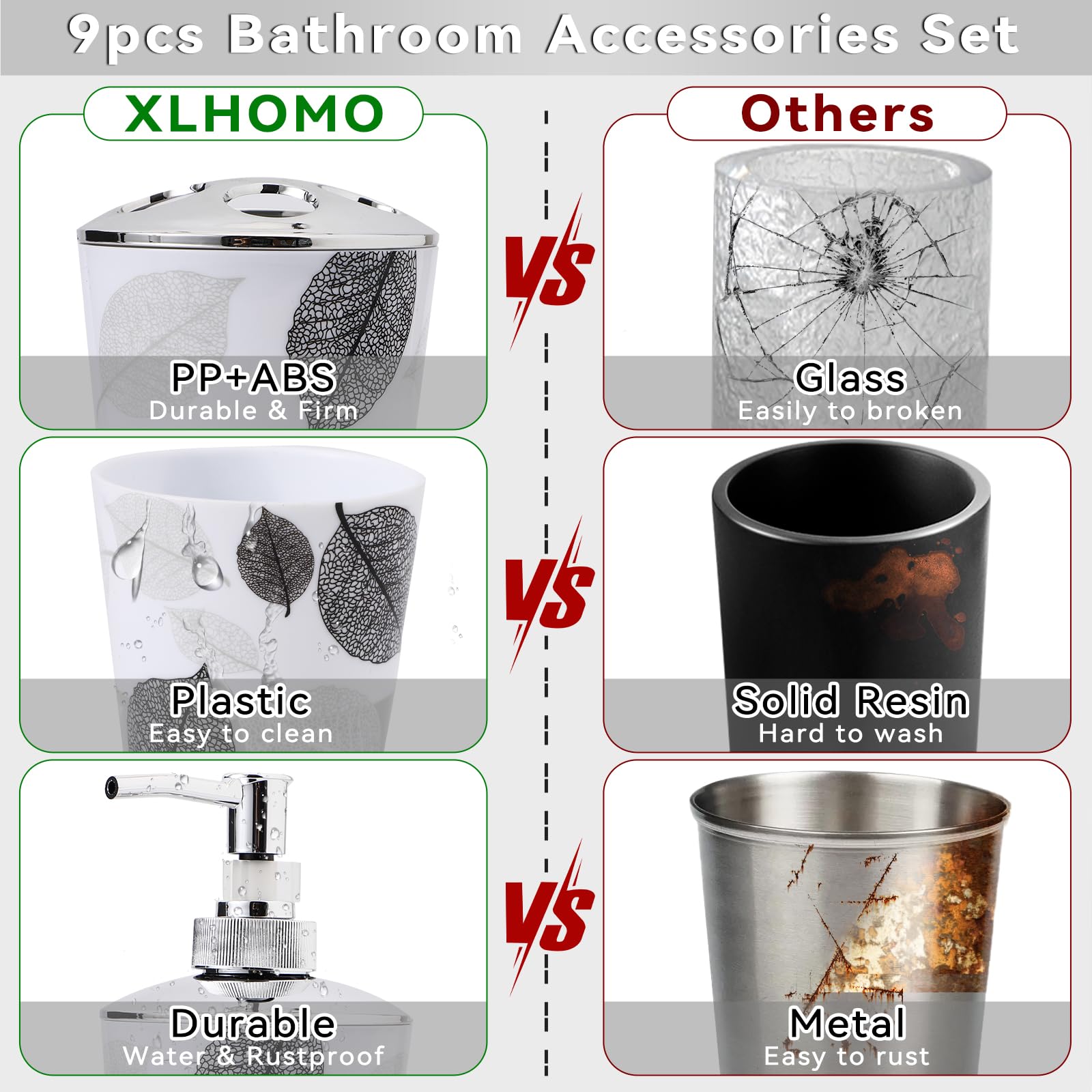 8 Piece Grey Bathroom Sets With Toothbrush Holder,Toothbrush Cup,Lotion Soap Dispenser,Soap Dish,Toilet Brush,Trash Can,Qtip Hol