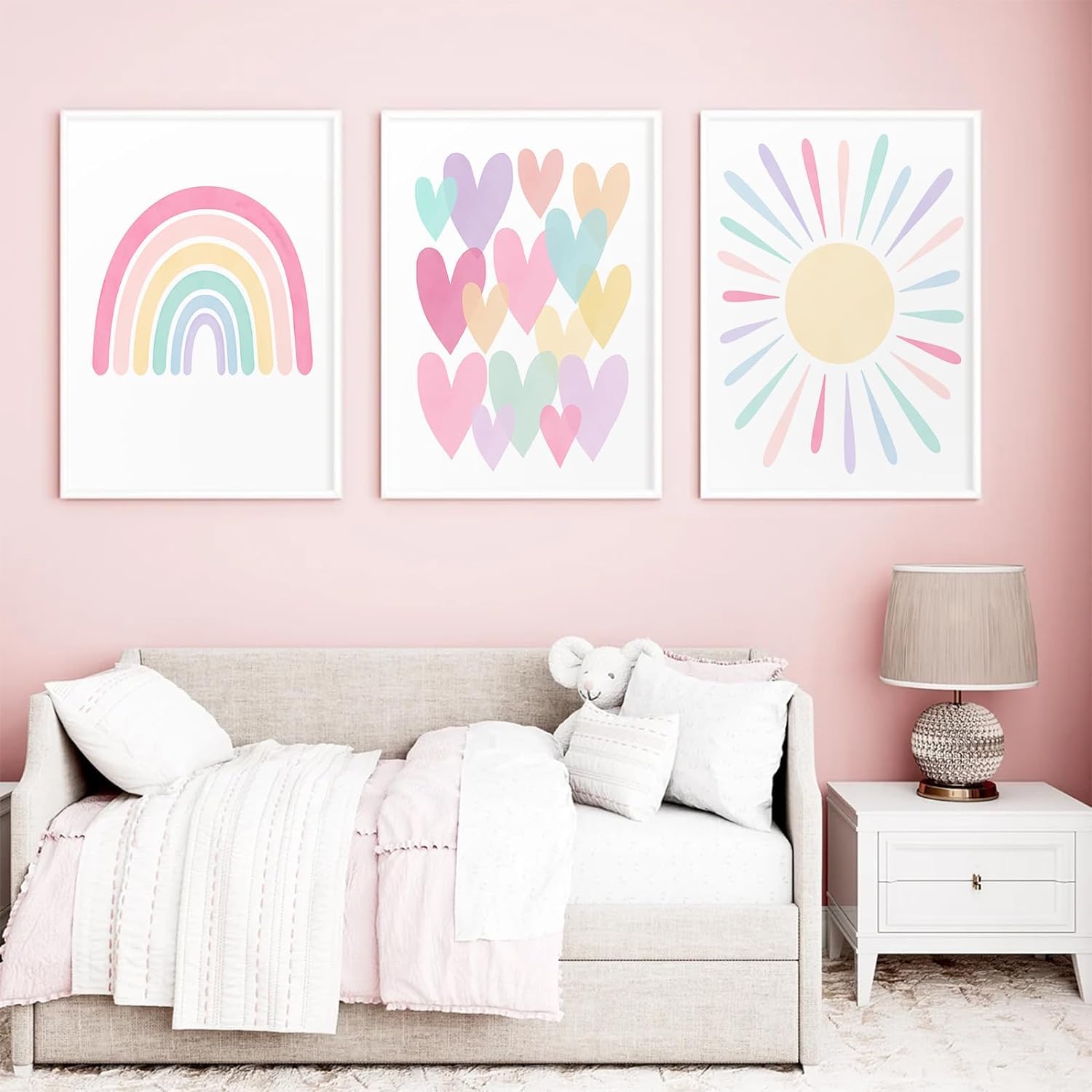 3Pcs Pink Nursery Canvas Wall Art Pastel Rainbow Sun Hearts Posters Prints Boho Pink Sunshine Painting Wall Decor Pictures For T