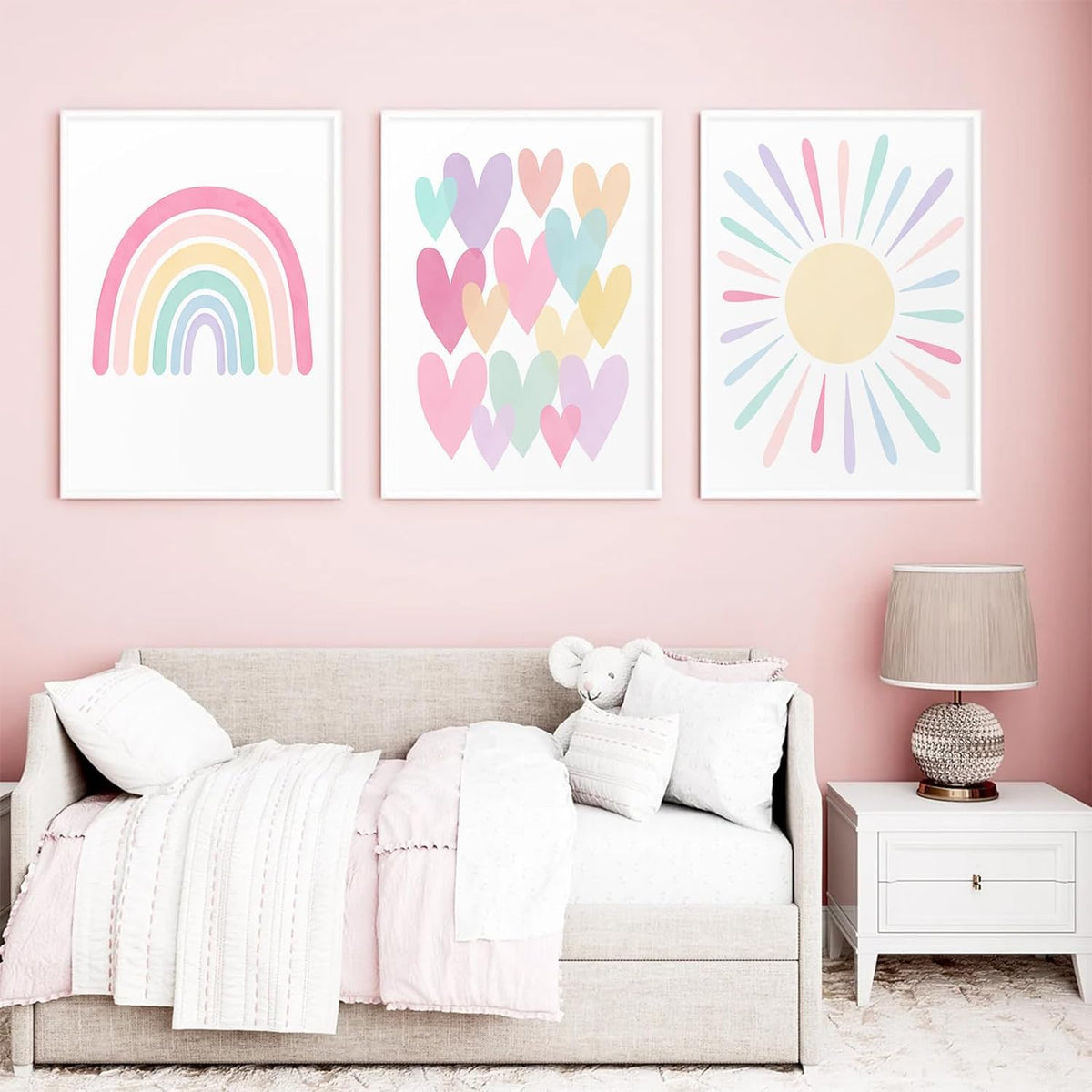 3Pcs Pink Nursery Canvas Wall Art Pastel Rainbow Sun Hearts Posters Prints Boho Pink Sunshine Painting Wall Decor Pictures For T