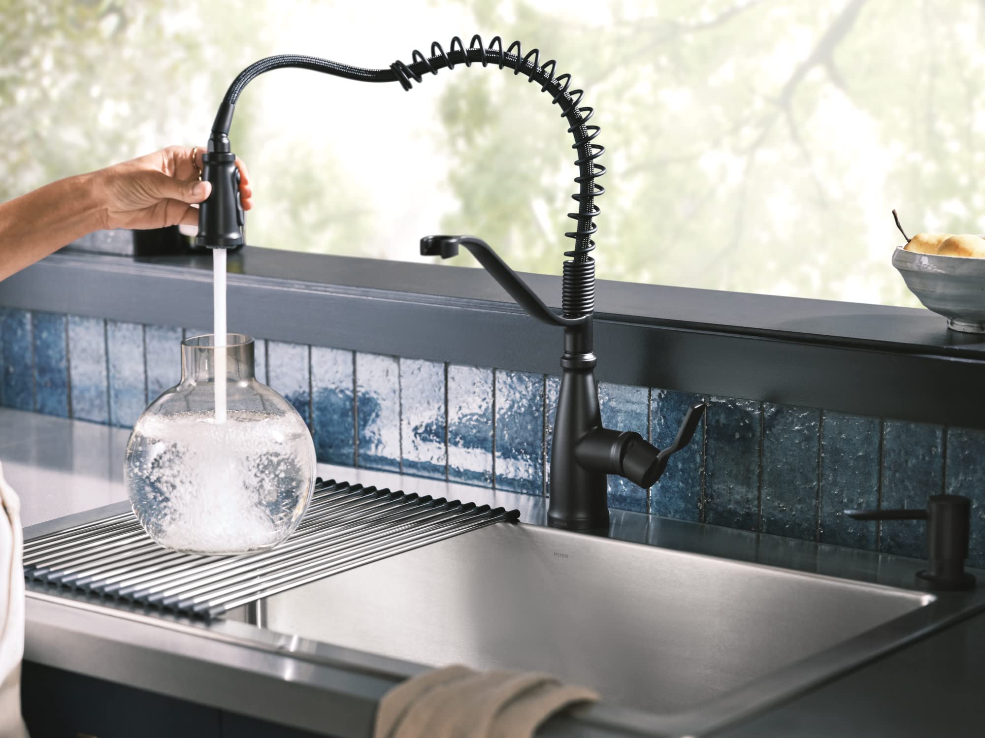 Moen Nolia Matte Black One-Handle Pre-Rinse Spring Kitchen Faucet With Pull Down Sprayer, Single Hole Kitchen Sink Faucet With S