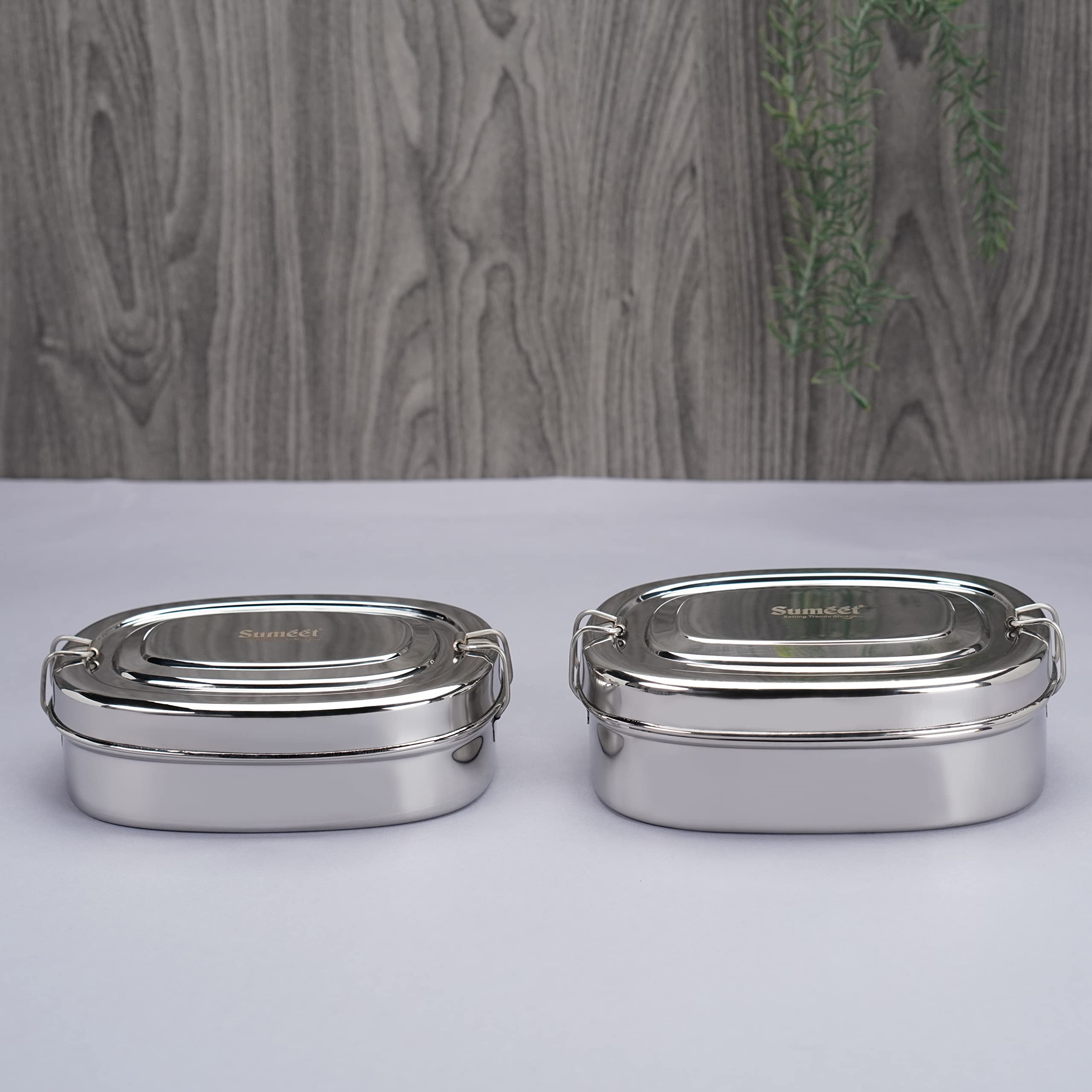 Sumeet Stainless Steel Rectangle Lunch Box/Tiffin with with 2 Compartments and Locking Clip,Set of 2 Pcs, 650ML & 1000ML, Ideal 