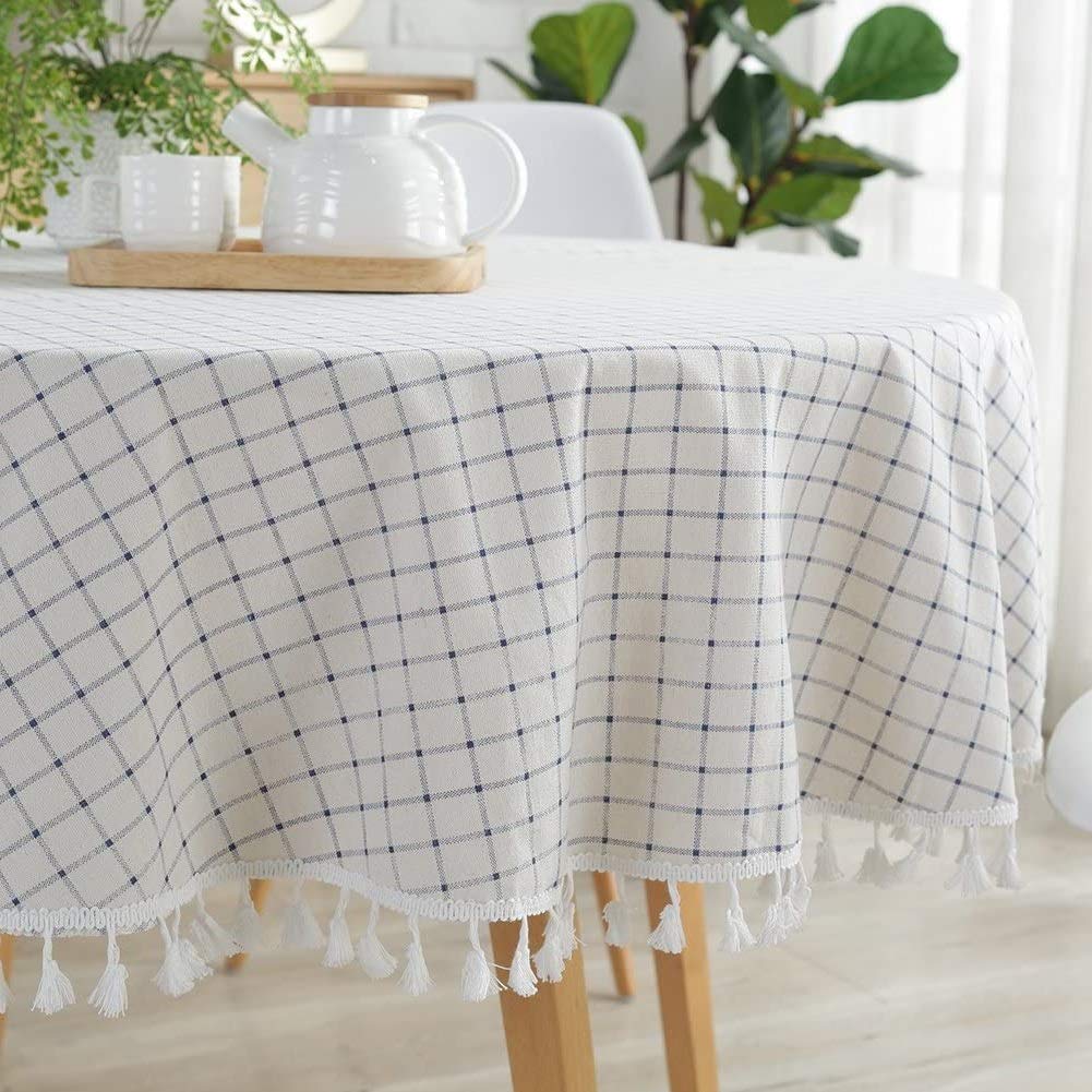 Meioro Round Tablecloth White Cotton Tablecloth For Rectangle Tables, 39 Inch Checkered Tassel Tablecloths Dust-Proof Rectangula