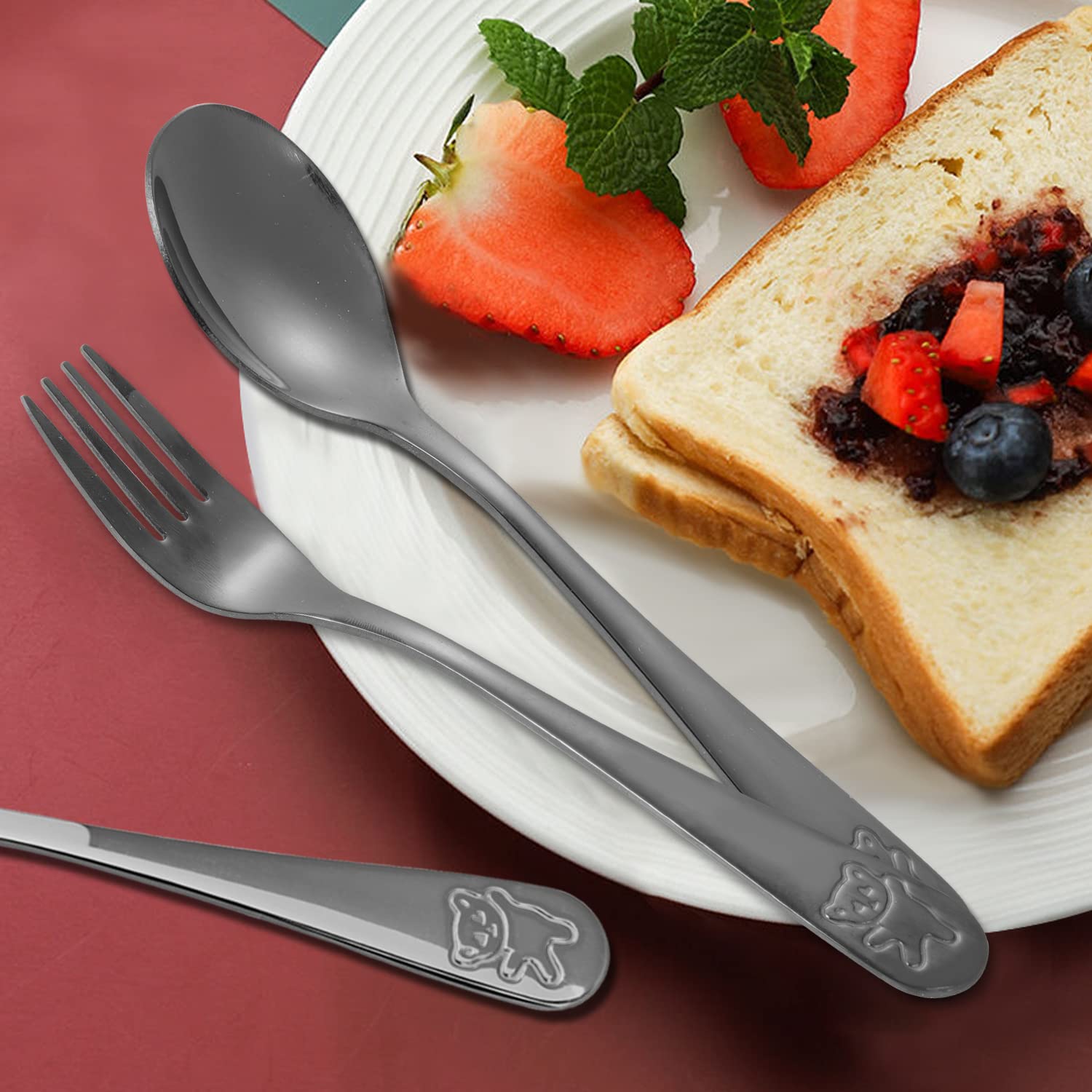 Pimoys Kids Silverware Set - 6 Pieces Stainless Steel Utensils, Engraved Bear, Black