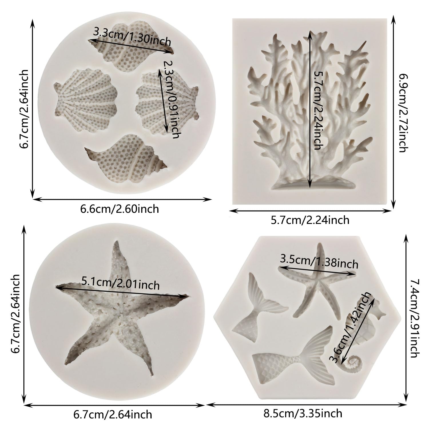 Mypracs Marine Theme Fondant Mold Seashell Conch Starfish Baking Silicone Molds Coral Seahorse Mermaid Tail Molds For Cake Decor