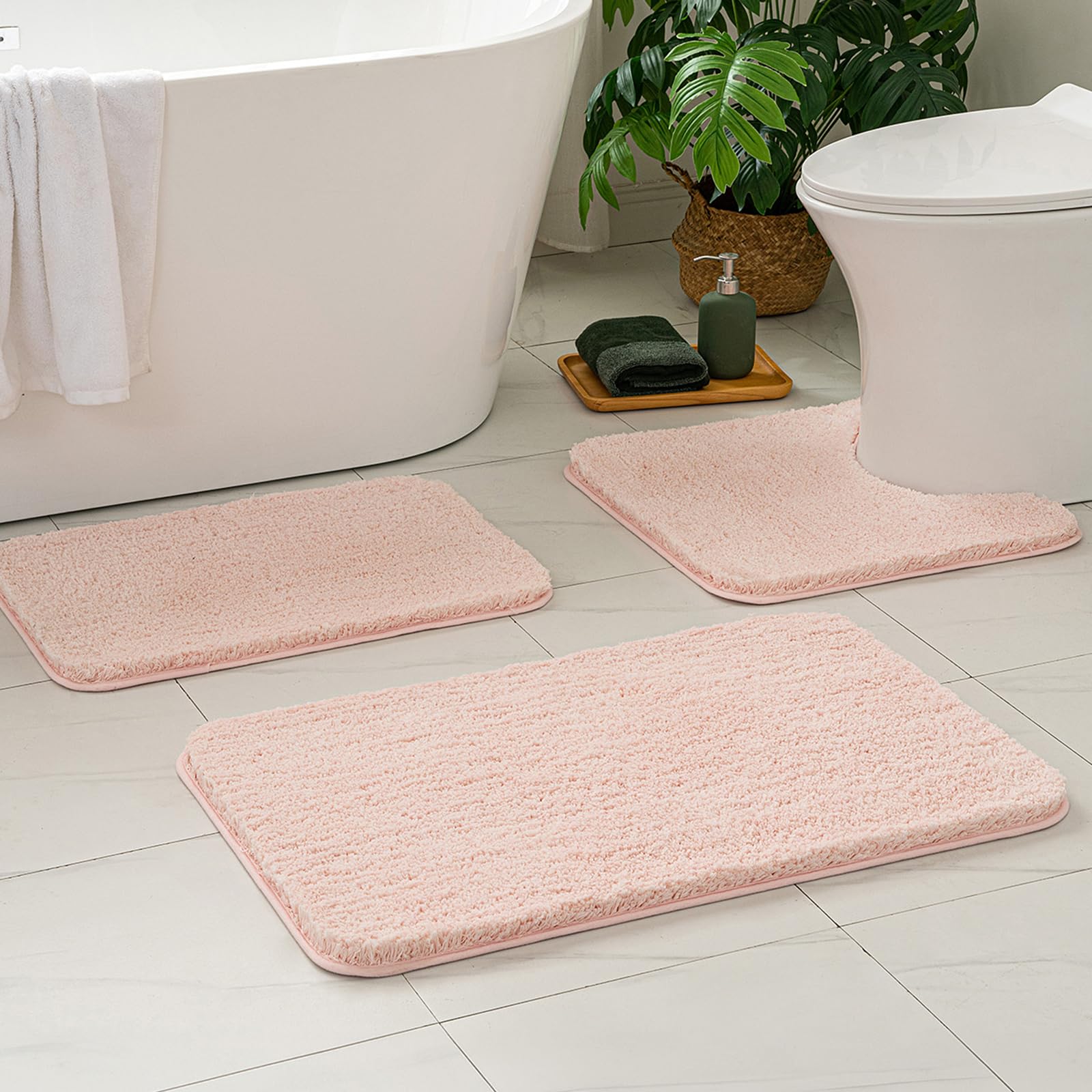Miulee Pink Bathroom Rugs Sets 3 Piece Including U Shaped Toilet Rug - Soft Absorbent Bath Mats Set With Non Slip Rubber Backsid