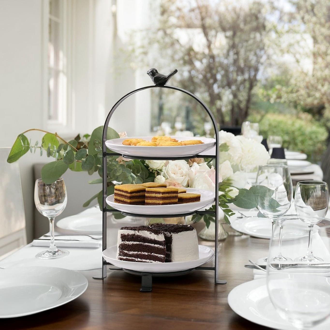 SparkWorks 3 Tiered Cake Stand  Tea Party Serving Platter  Dessert and Cupcake Stand  Metal Tiered Serving Stand Includes Three Premium White Stoneware Plates
