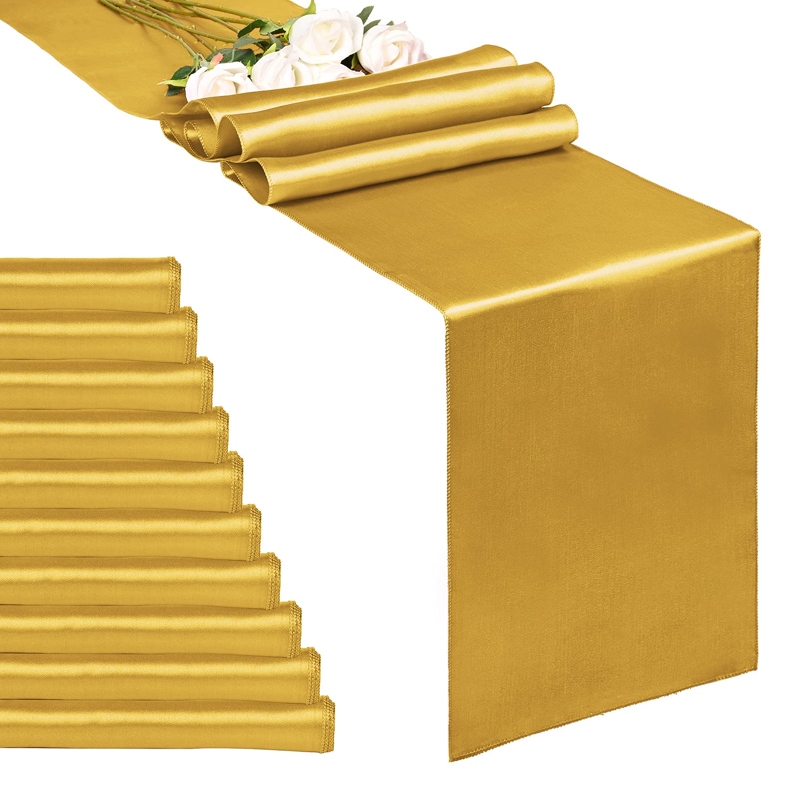 10-Pack Gold 12 X 108 Inches Long Premium Satin Table Runner For Wedding, Decorations For Birthday Parties, Banquets, Graduation