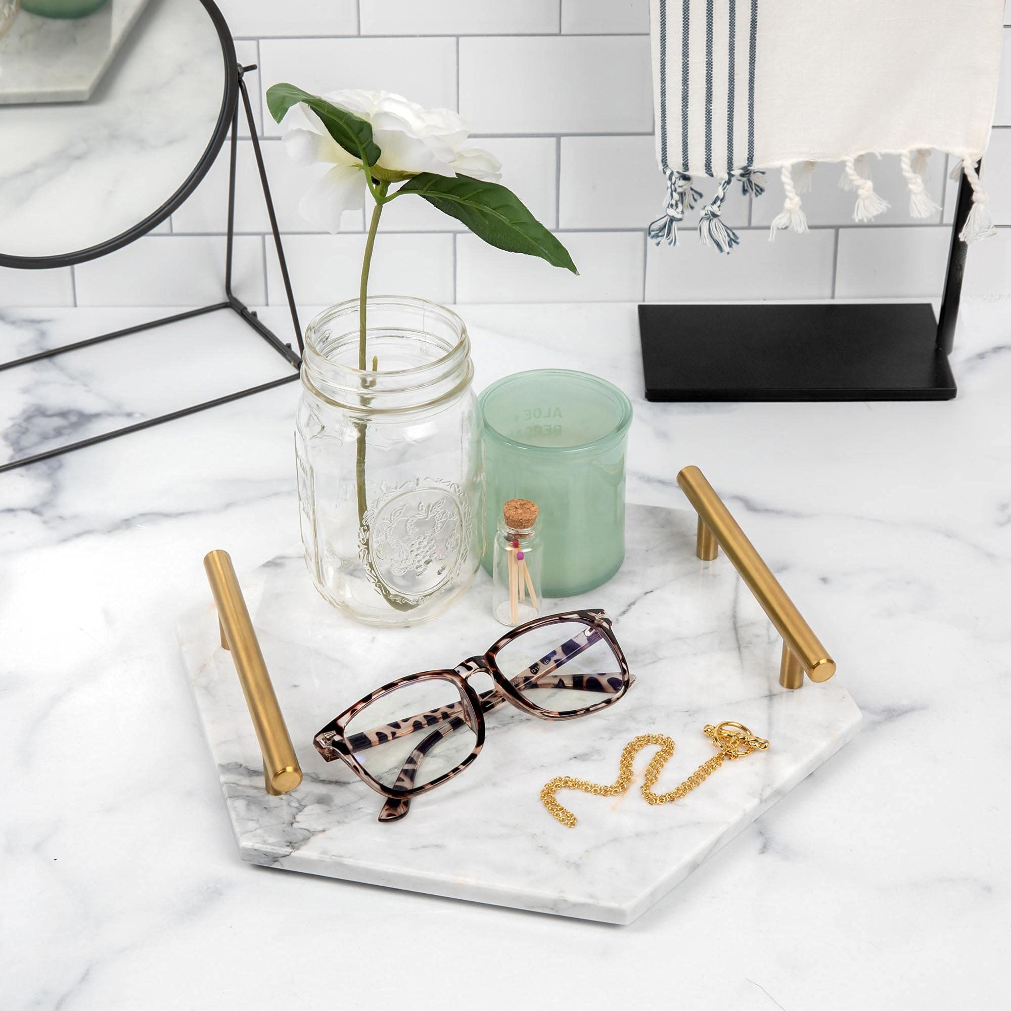 White Marble Tray With Gold Handles - Solid Marble Perfume Tray For Vanity - Chic Modern Hexagon Tray, Room Decor Tray, Elegant