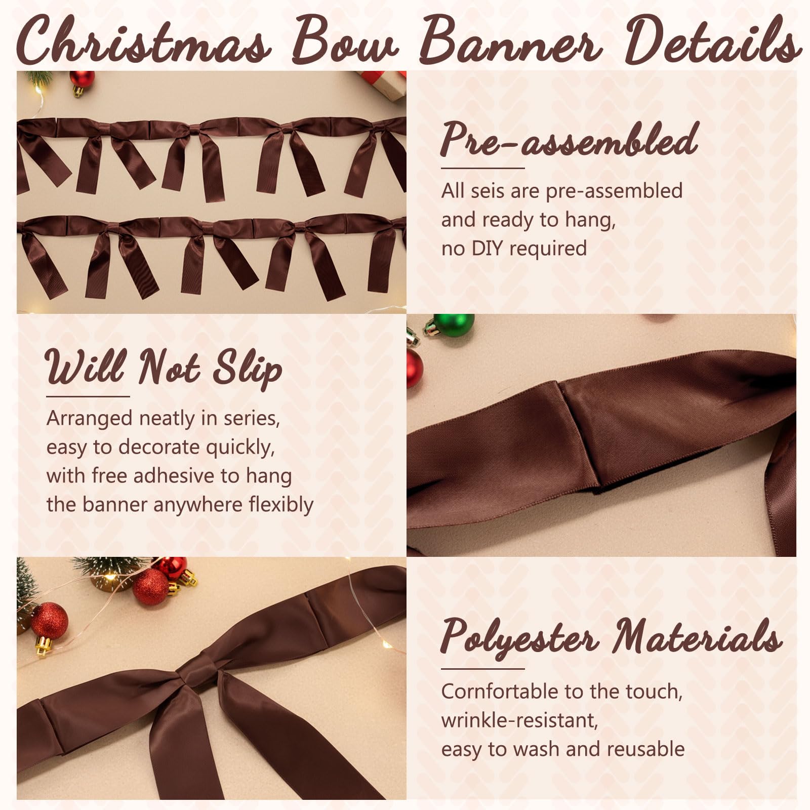 Trandraft 2 Pcs Christmas Bow Garland Banner 16.4 ft Pre-Assembled Brown Satin Bows Ornaments Xmas Bows Hanging Decor for Room F