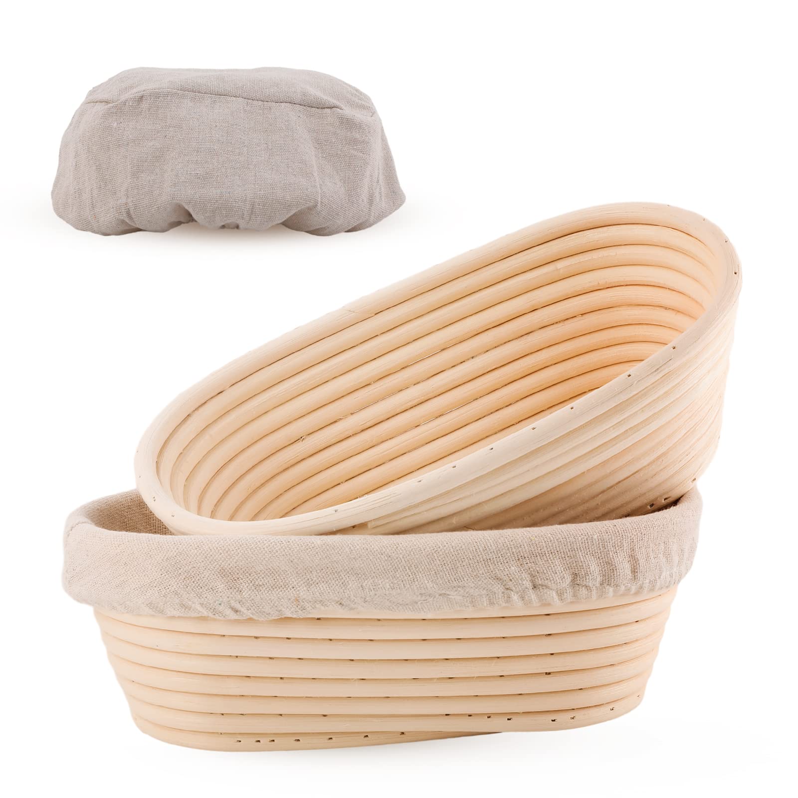 Joyyy Sourdough Bread Proofing Baskets With Liner, Dough Rising Ratten Bowl For Bread Making And Baking, Oval, 10 Inch (Set Of 2