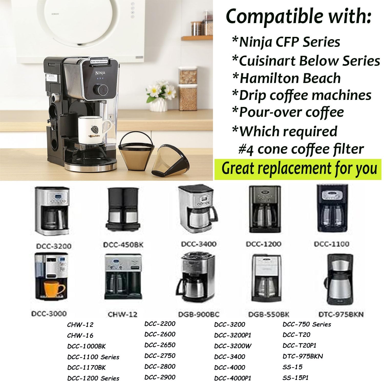 Reusable #4 Cone Coffee Filters Basket Replacement For Cuisinart Coffee Makers(2 Reusable Filters)