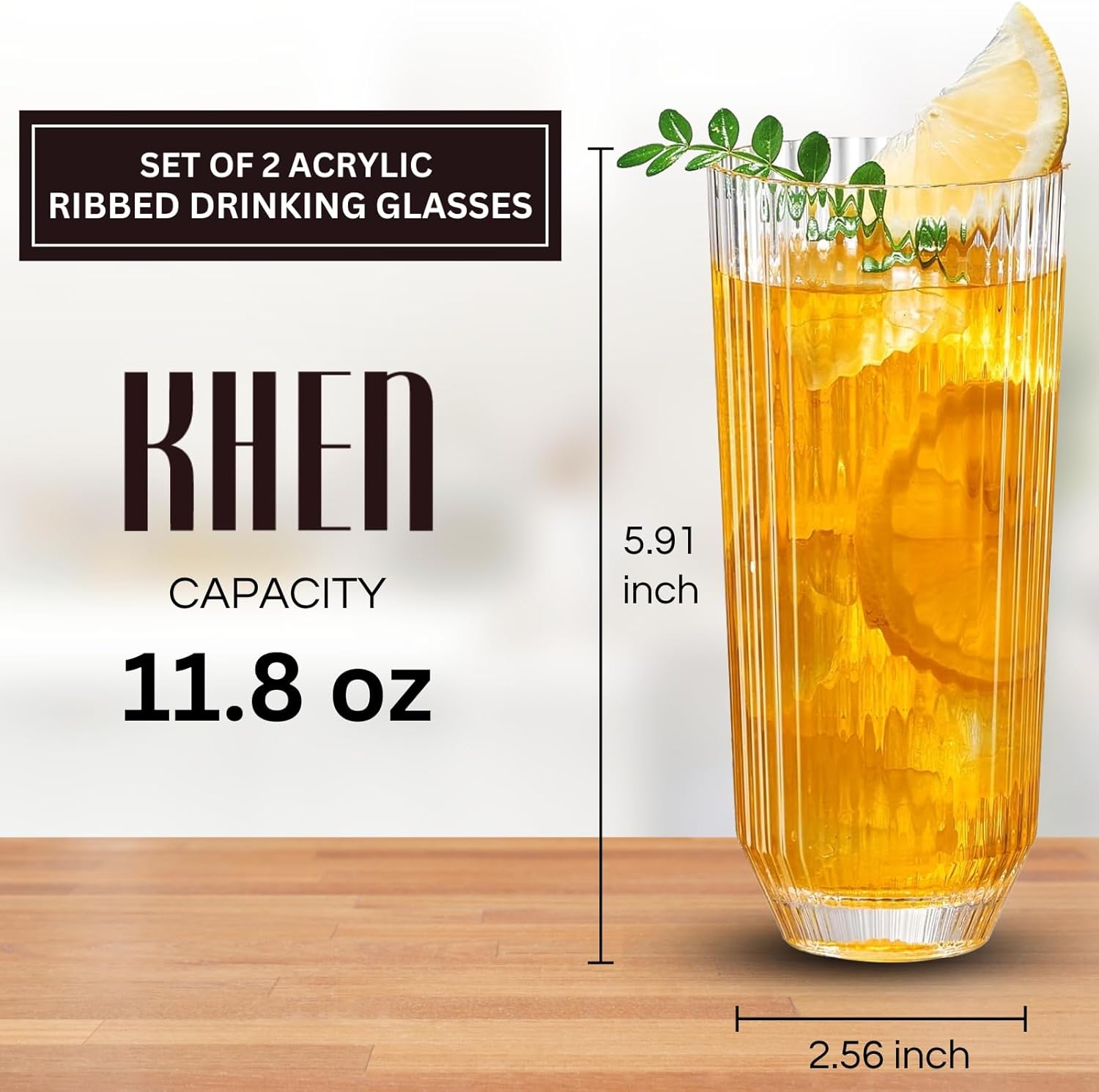 Khen Shatterproof Acrylic Ribbed Drinking Glasses Set of 2