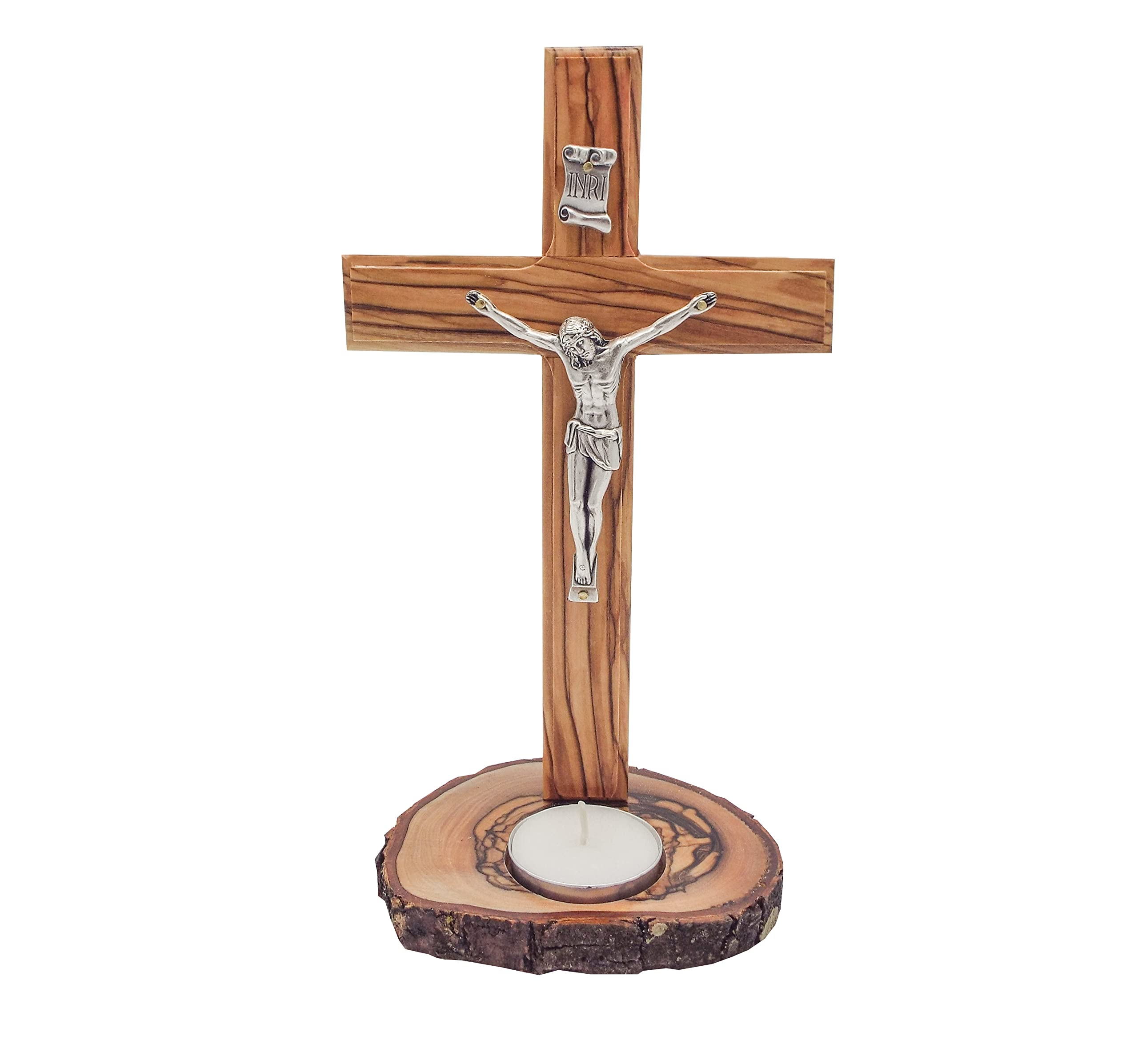 Olive Wood Standing Crucifix Cross (8 Inch), Wood Table Alter Cross with Candle Holder Base