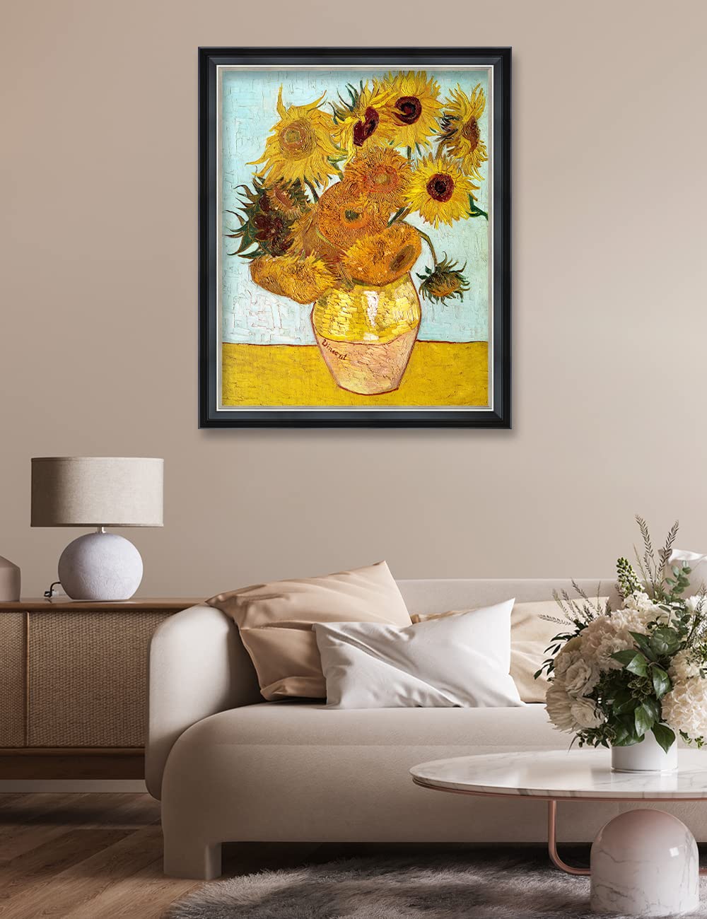 Decorarts - Twelve Sunflowers By Vincent Van Gogh Art Reproduction. Solid Wooden Framed Giclee Print Artwork On Acid Free Cotton