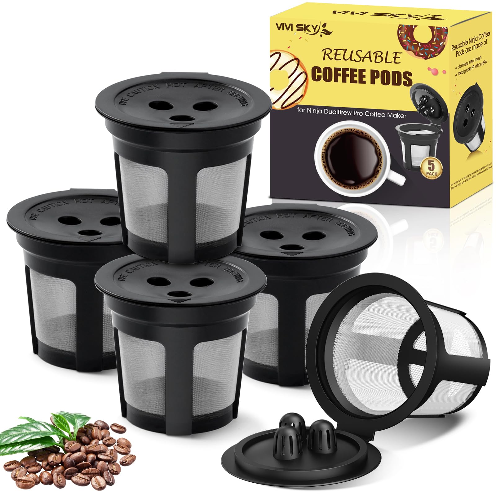 5 Pack Ninja Reusable Coffee Pods: Reusable K Cups For Ninja Coffee Maker - Refillable Coffee Filters For Ninja Dualbrew Pro Cfp