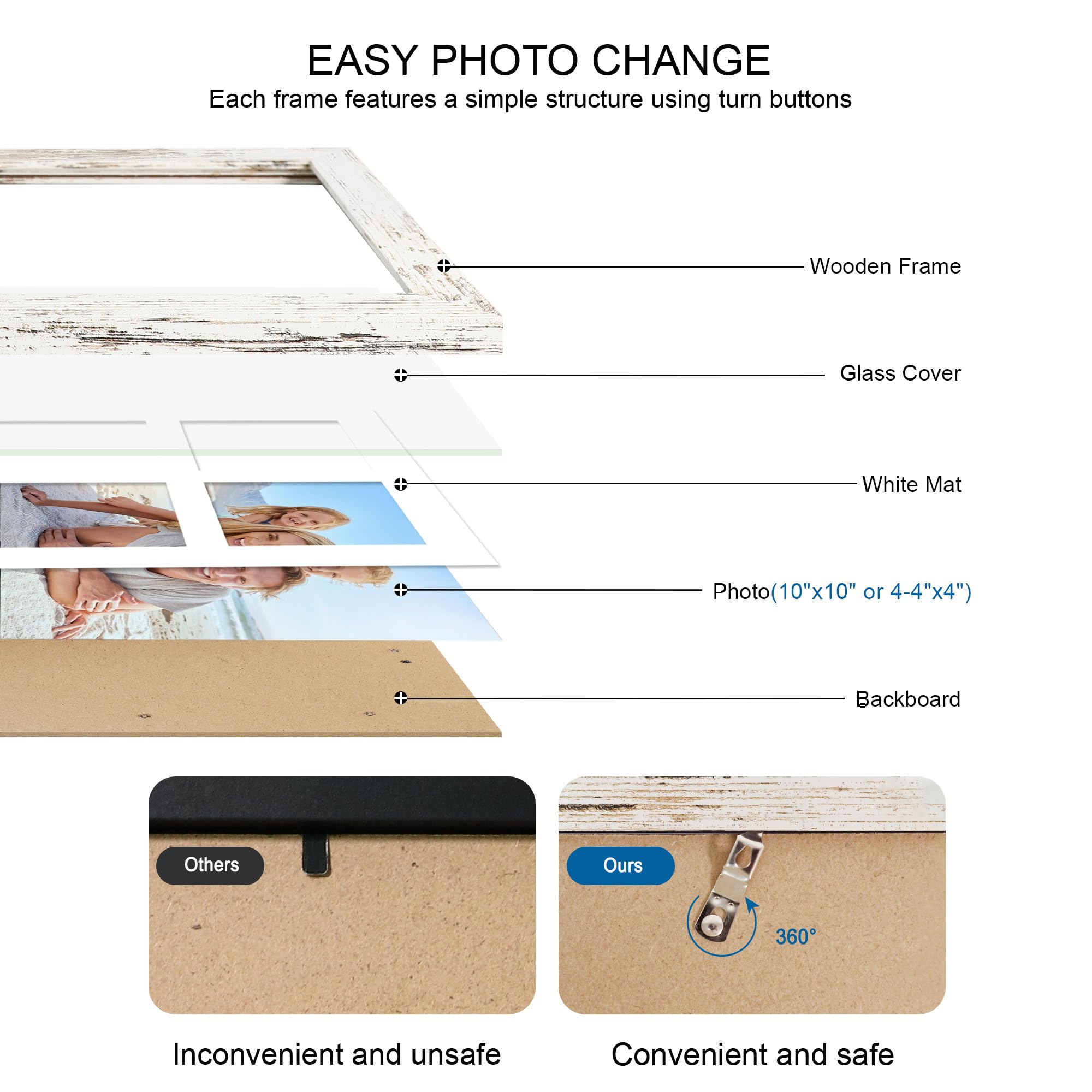 Hongkee 10x10 Picture Frame Set of 2, Real Glass and Distressed White Collage Frame, Display Pictures Four Opening 4x4 With Mat