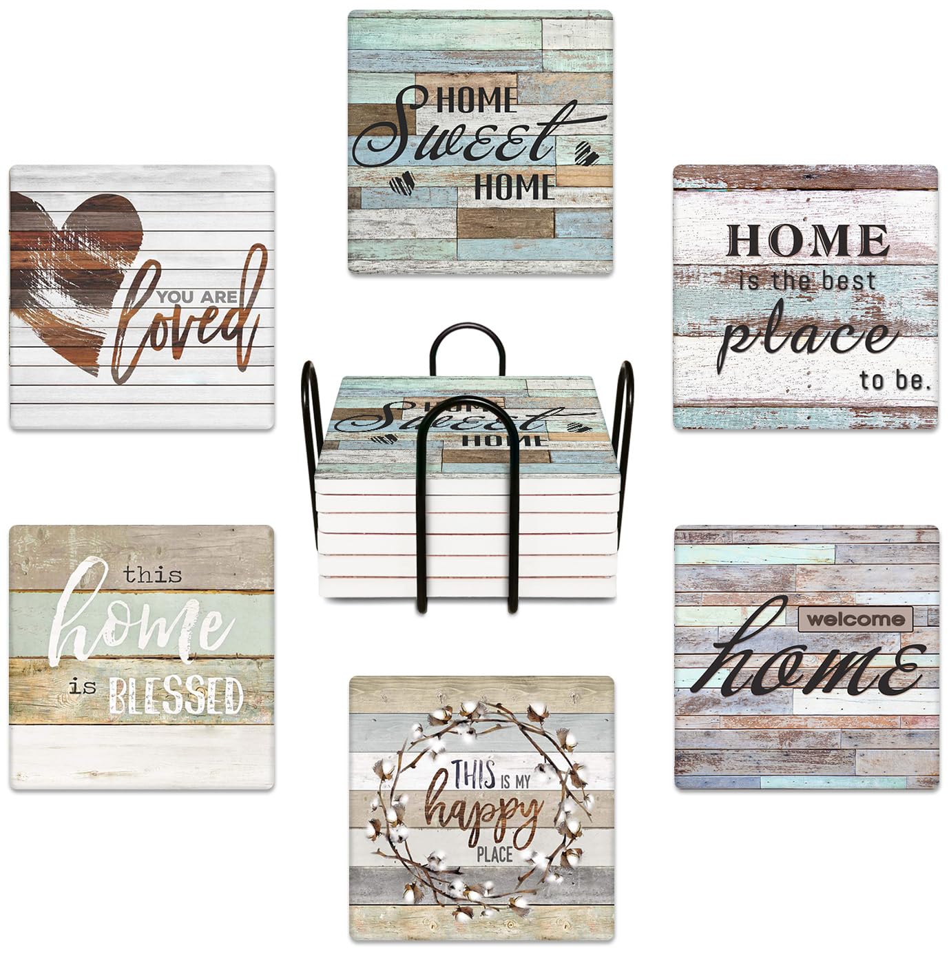 Britimes Coaster For Drinks Set Of 6, Worn Wood Absorbent Square Ceramic Stone Mat, With Cork Base And Metal Holder, Gift For Ho