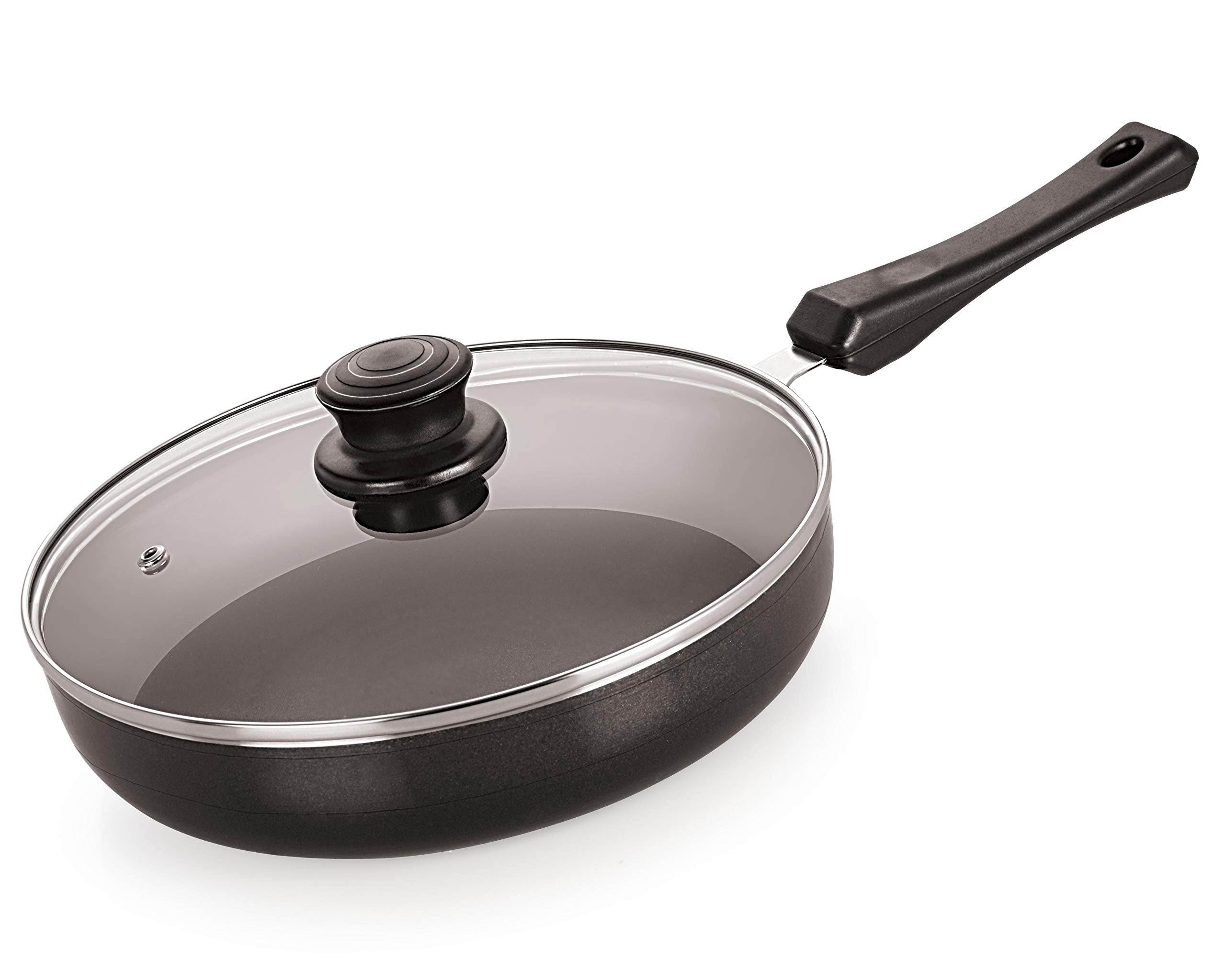 Nirlon Fry Pan With Glass Lid, HeatResistant Handle, Heavy Guage 3Mm Thickness Aluminum Cookware For Induction, Gas Stove Tops,