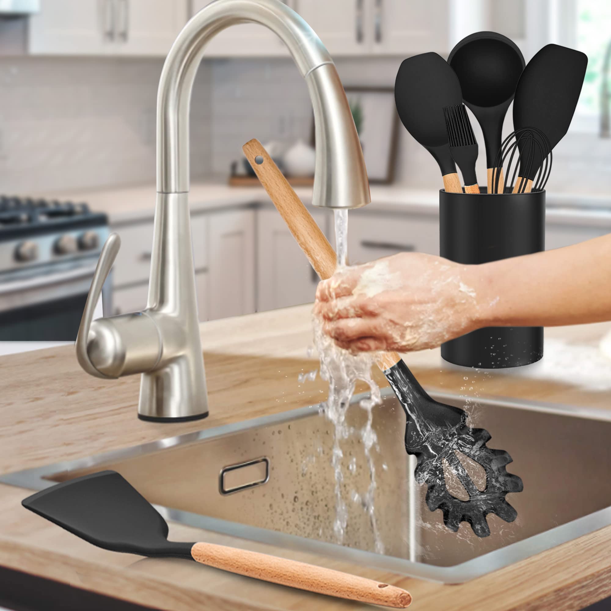 Lianyu 30 Pcs Silicone Kitchen Cooking Utensils Set With Holder, Heat Resistant Kitchen Essentials Utensils Set Wooden Handle, C