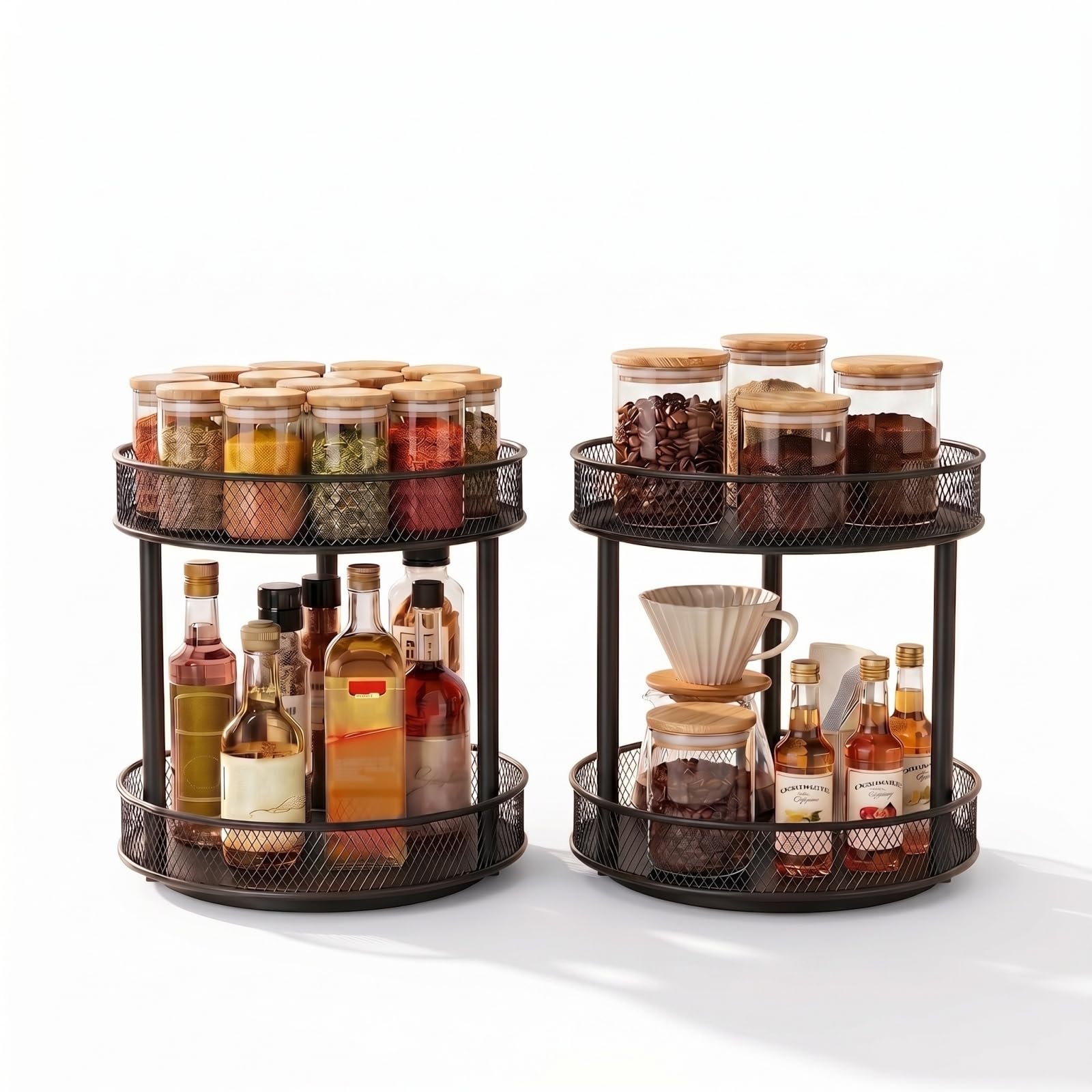 Calmniture2 Pack 2Tier Lazy Susan Organizer, 360 Rotating Metal Spice Rack, Double Layer Turntable Storage Shelf, Multifunction