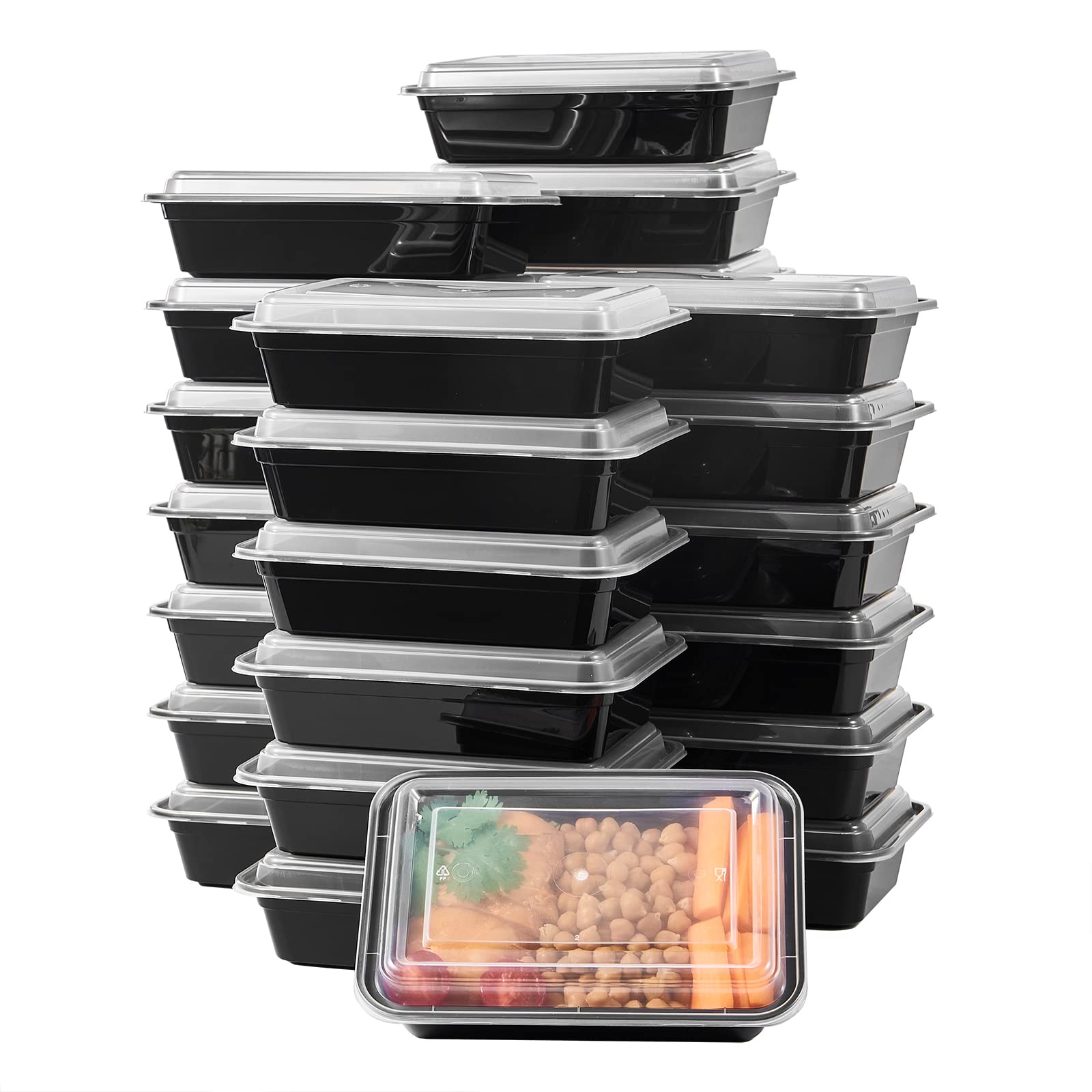 Fuling 50 Pack Meal Prep Plastic Food Storage Containers With Lids 28 Oz 1 Compartment Black Rectangular Reusable To Go Lunch Pr
