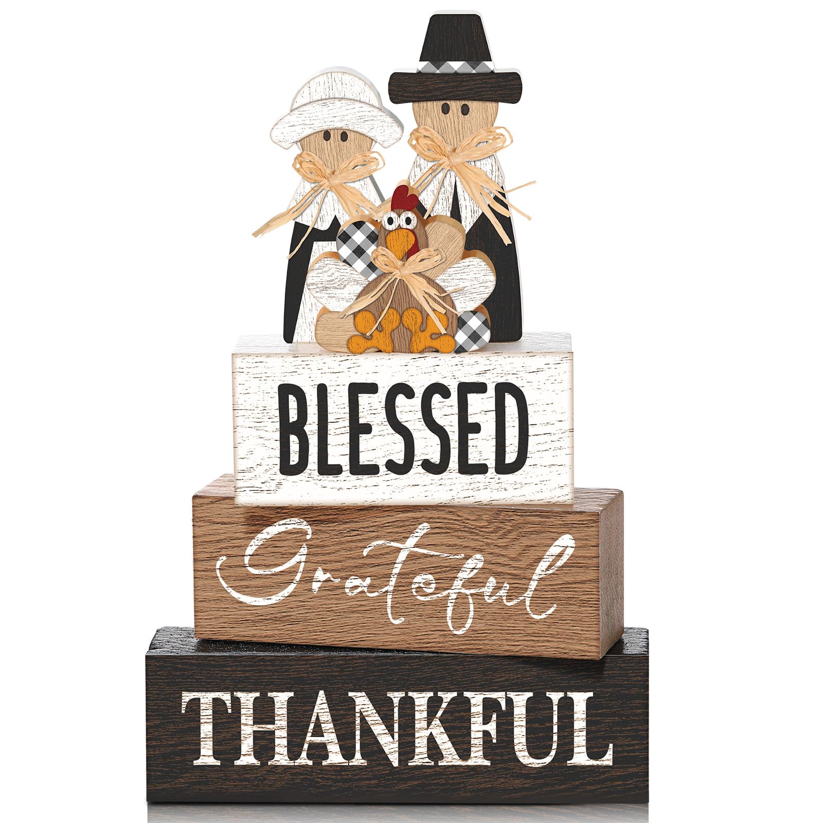 4 Pcs Thanksgiving Table Decor for Home Pilgrim Couple Wooden Signs with Blessed Thanksgiving Autumn Tiered Tray Decor Turkey Ta