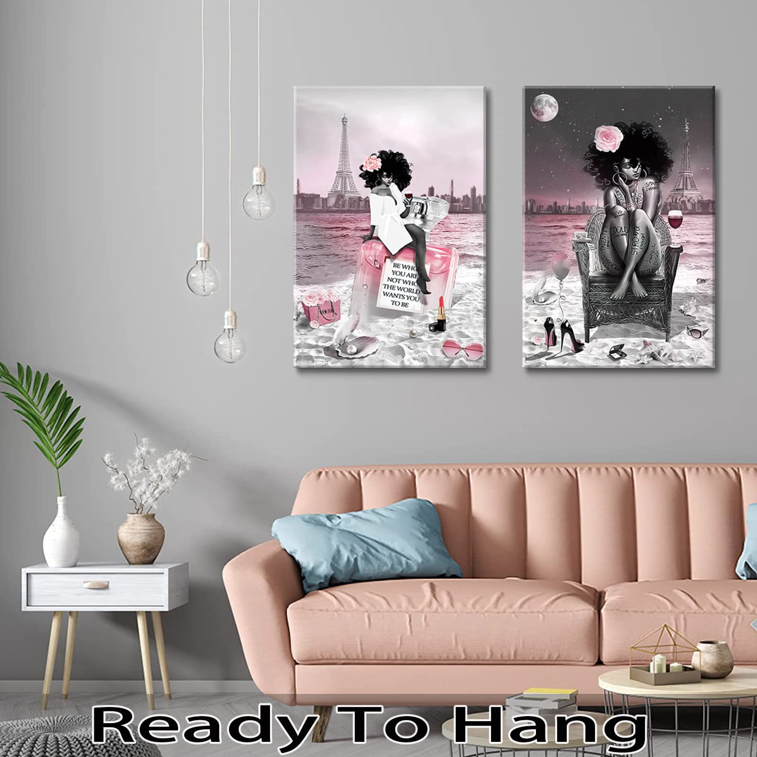 2 Pieces Framed African American Black Girl Canvas Wall Art Decor Fashion Modern Women Pictures Prints Painting Pink And Black B