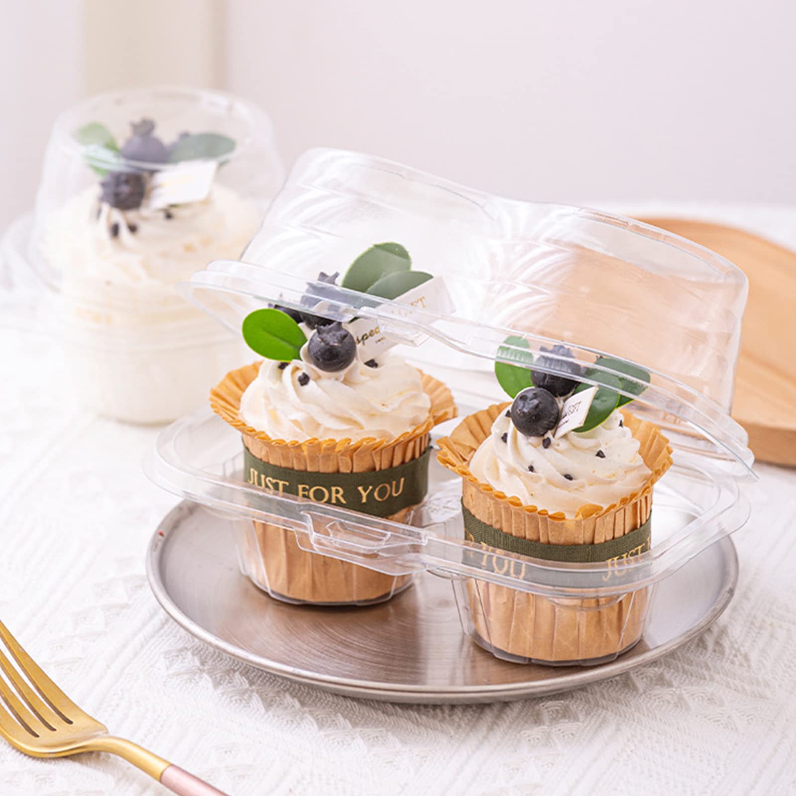 Bekith 60 Count 2-Compartment Plastic Cupcake Containers Disposable With Connected Airtight Lid, Clear Stackable Deep Dome Cupca