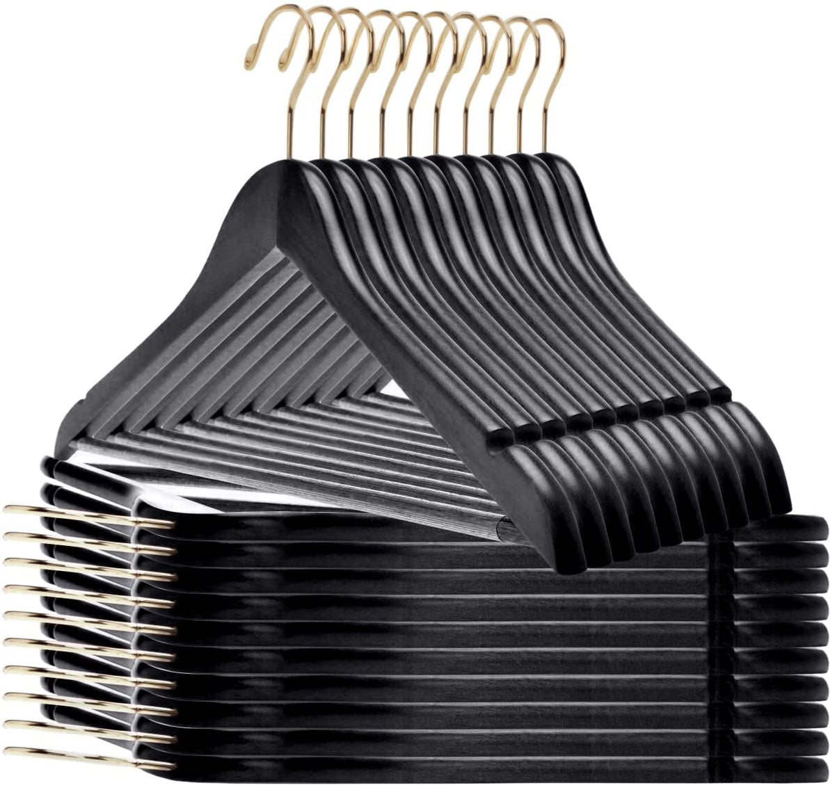 Quality Black Wooden Hangers - Slightly Curved Hanger Set Of 20-Pack - Solid Wood Coat Hangers With Stylish Chrome Hooks - Heavy