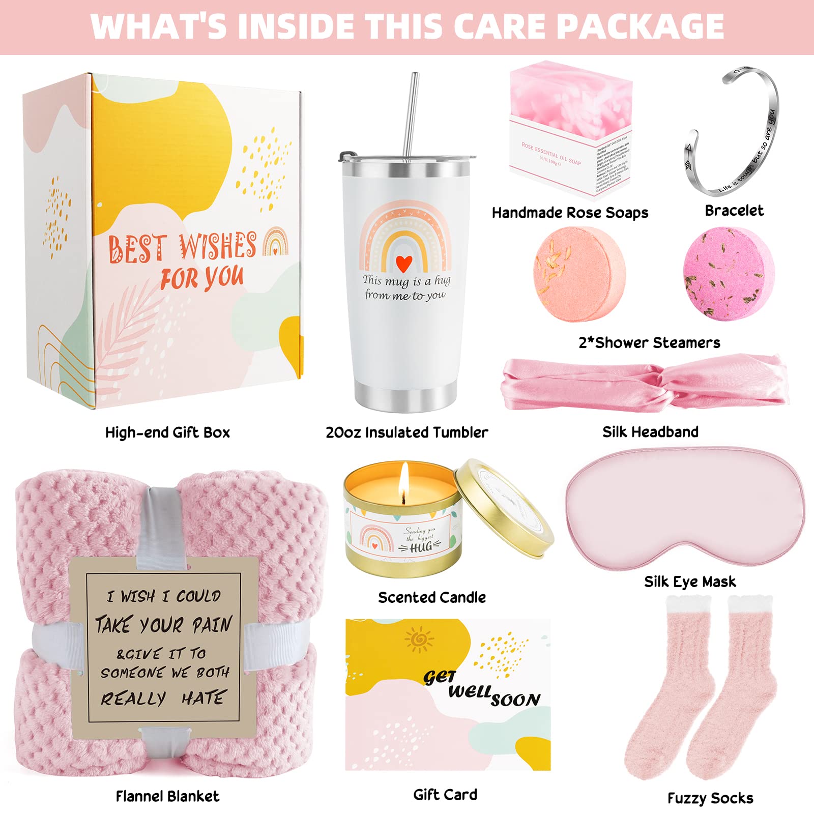 Get Well Soon Gifts for Women  12 Pcs Care Package Get Well Gift Basket for Sick Friends After Surgery  Feel Better Self Care Gift  Sympathy Gifts Thinking of you Box for Women Mom Her w/Pink Blanket
