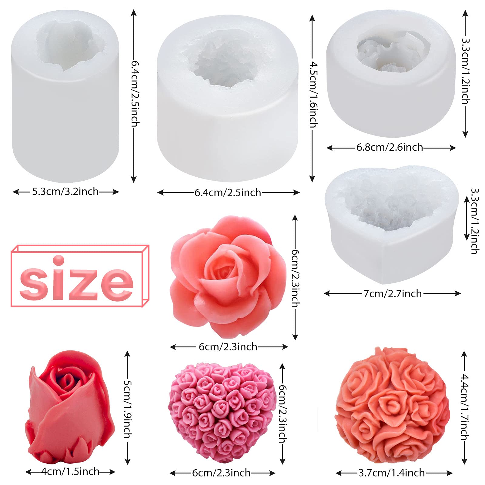 Whaline 4Pcs 3D Rose Silicone Mold Valentine'S Day Mold Assorted Heart Flower Bloom Shape Fondant Mould Chocolate Candy Mold Cak