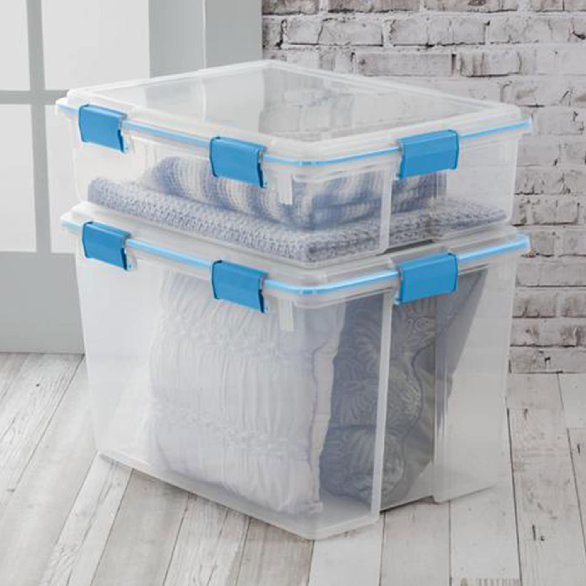 Sterilite 80 Qt Gasket Box, Stackable Storage Bin With Latching Lid And Tight Seal, Plastic Container To Organize Basement, Clea