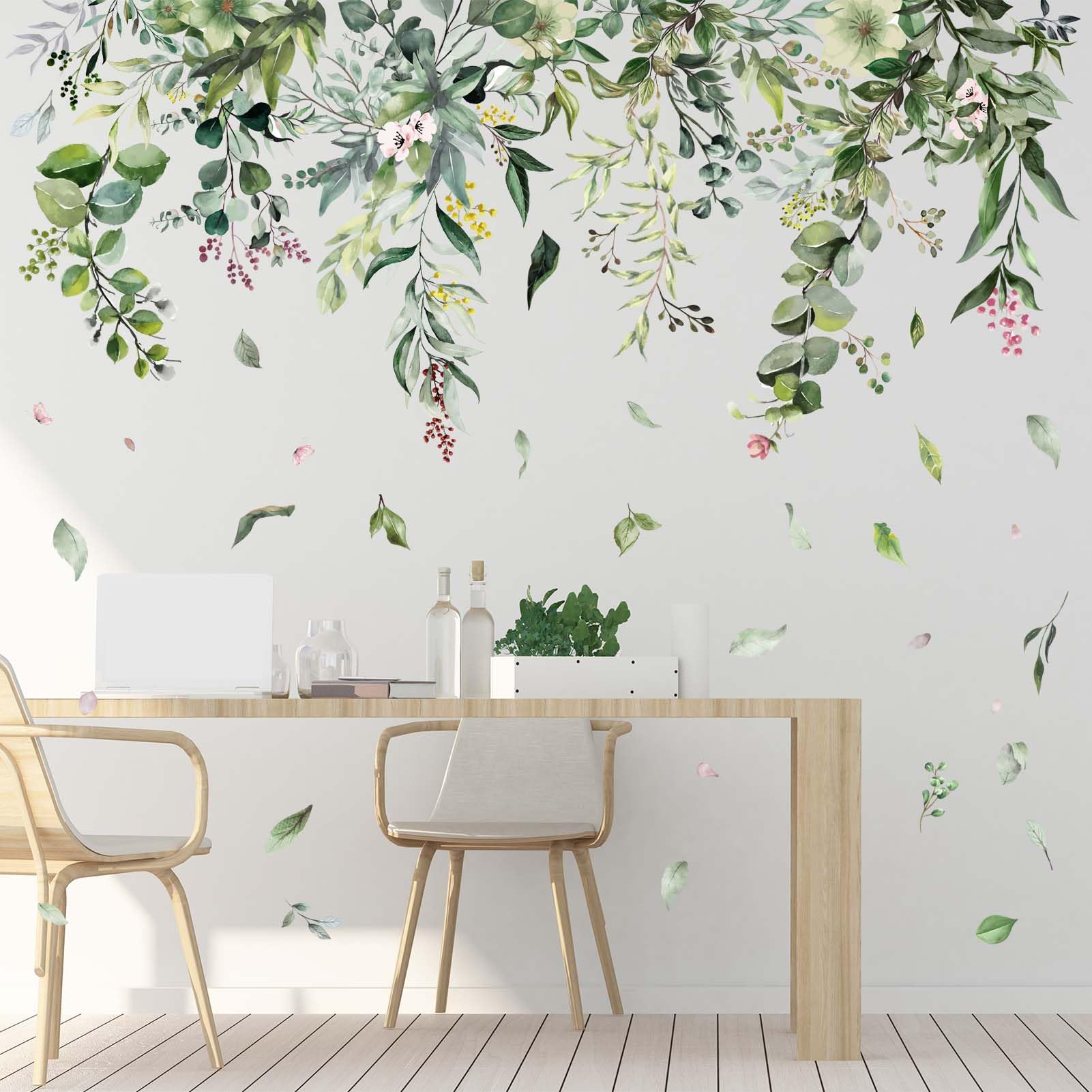 Amimagen Green Hanging Vine Wall Stickers - Nature Plants Flower Leaves Wall Decals - Bedroom Living Room Sofa Tv Background Hom