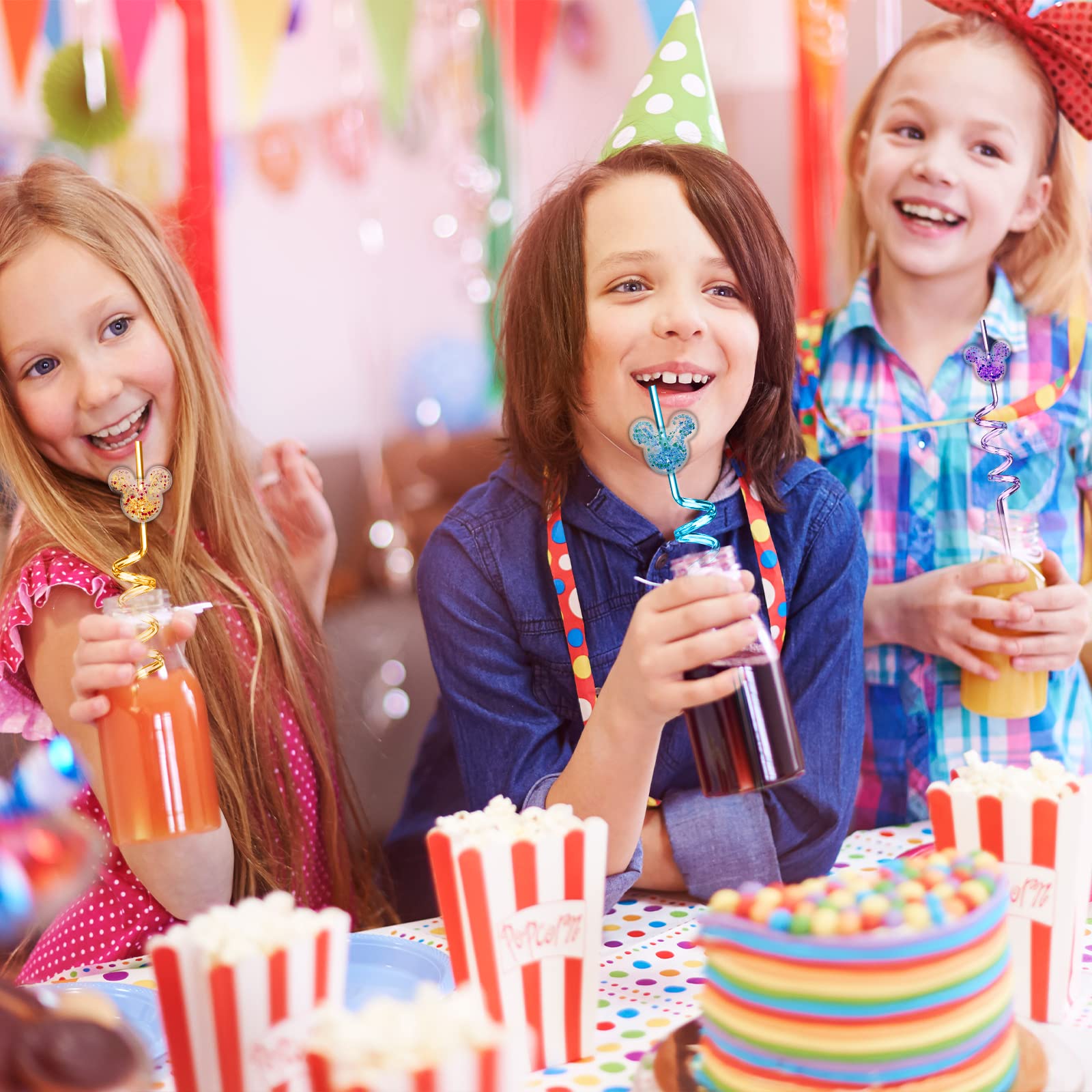 24Pcs Glitter Mouse Straws For Kids Party Favors, Straws For Birthday Party Supplies, Drinking Straws For Boys Girls Party Decor