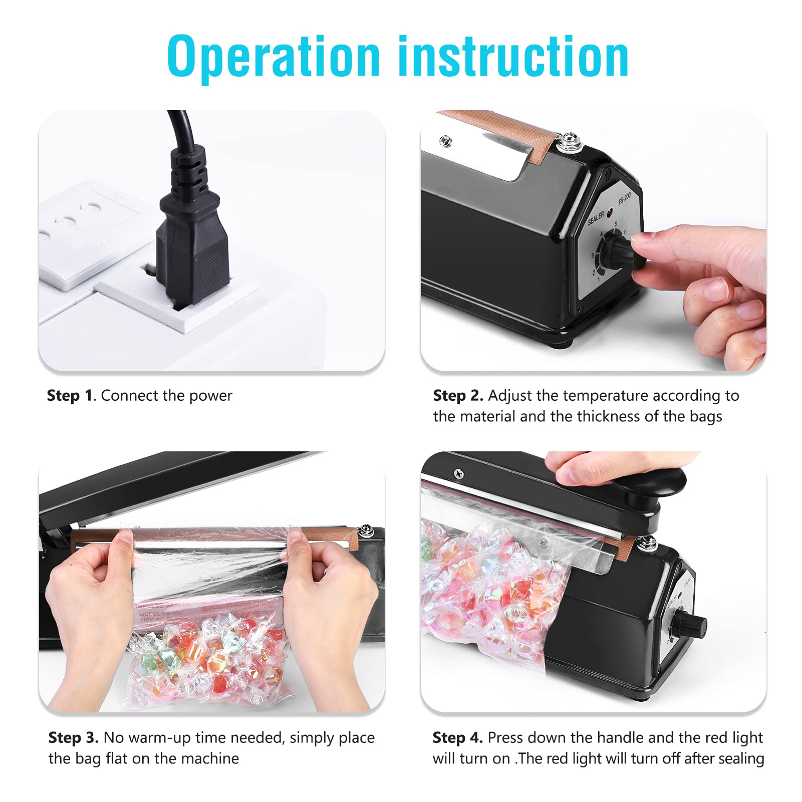 METRONIC 8 inch Bag Sealer  Black Impulse Heat Sealer for Plastic Bags  Poly Bag Sealing Machine with Repair Kit. Clean  Crisp and Fast Sealing Machine