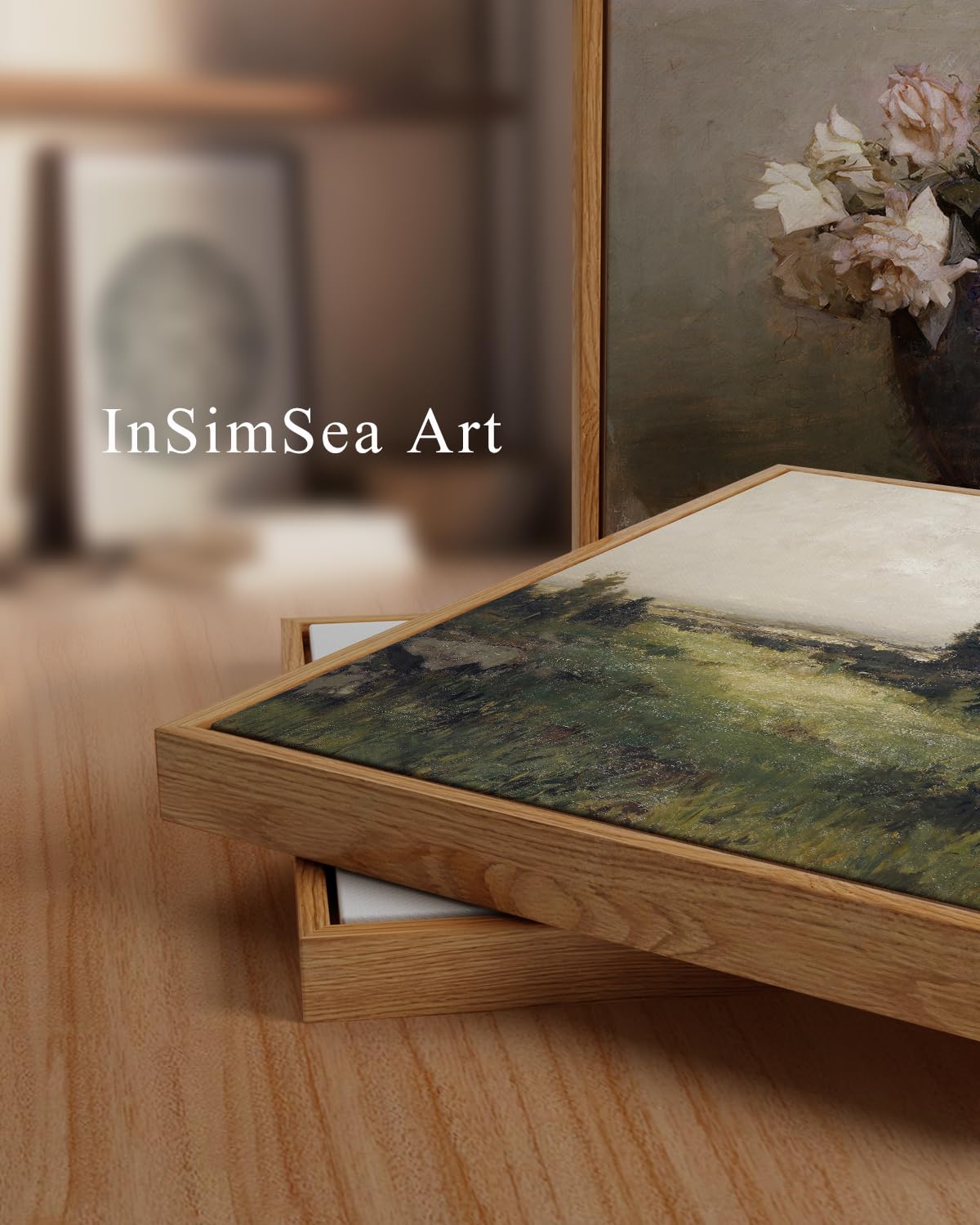 InSimSea Framed Vintage Landscape Canvas Wall Art | Wild Field Oil Painting Prints | Cottagecore Bedroom Bathroom Office Decor 24x36inch