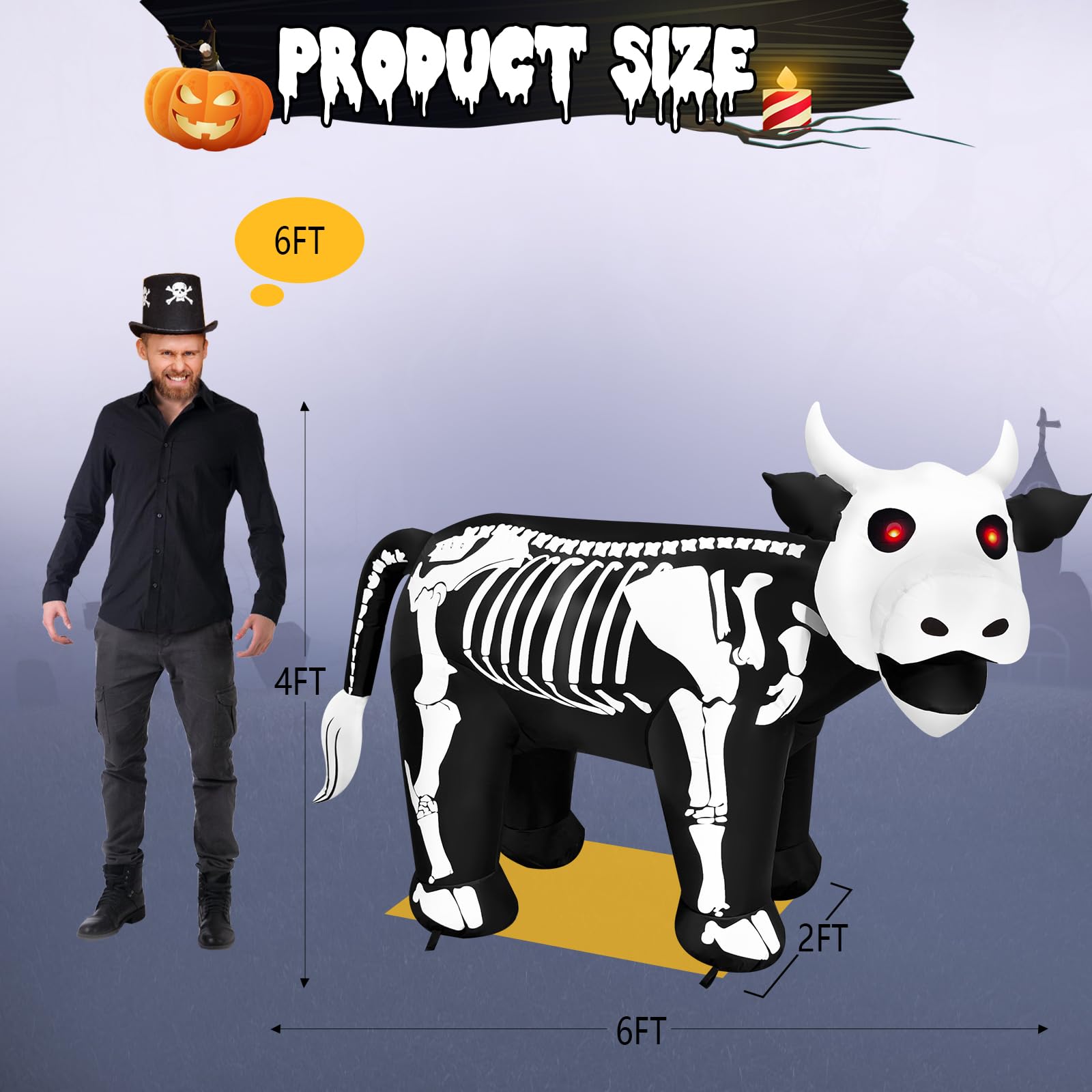 inslife 6FT Length Halloween Inflatable Cow Skeleton with Spooky Red Eyes Decoration, Halloween Blow Up Cow Skeleton Inflatables