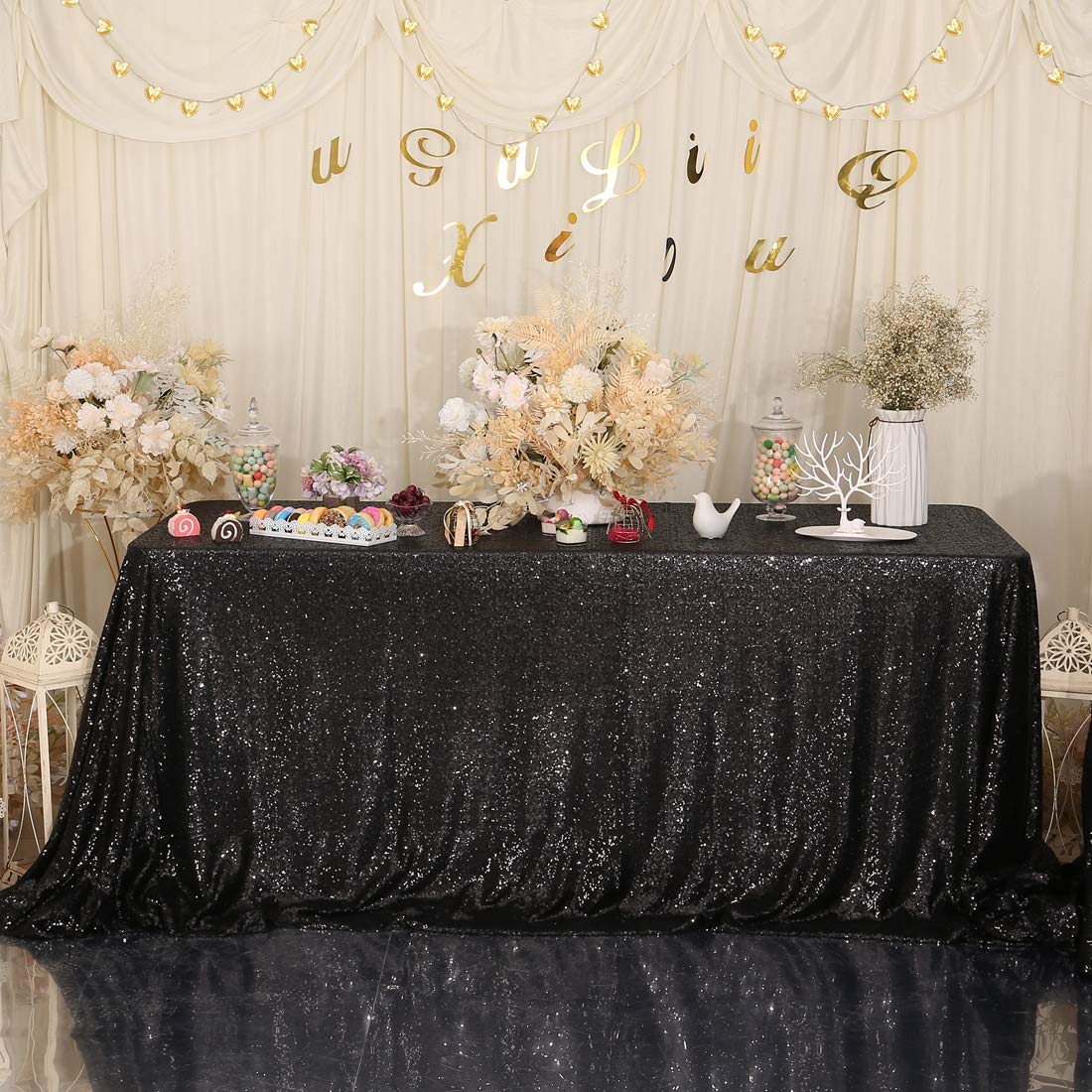 Juya Delight 60'' X 102'' Black Sequin Tablecloth Rectangle Sparkle Table Cover For Party Dinner Banquet Festival Wedding Annive