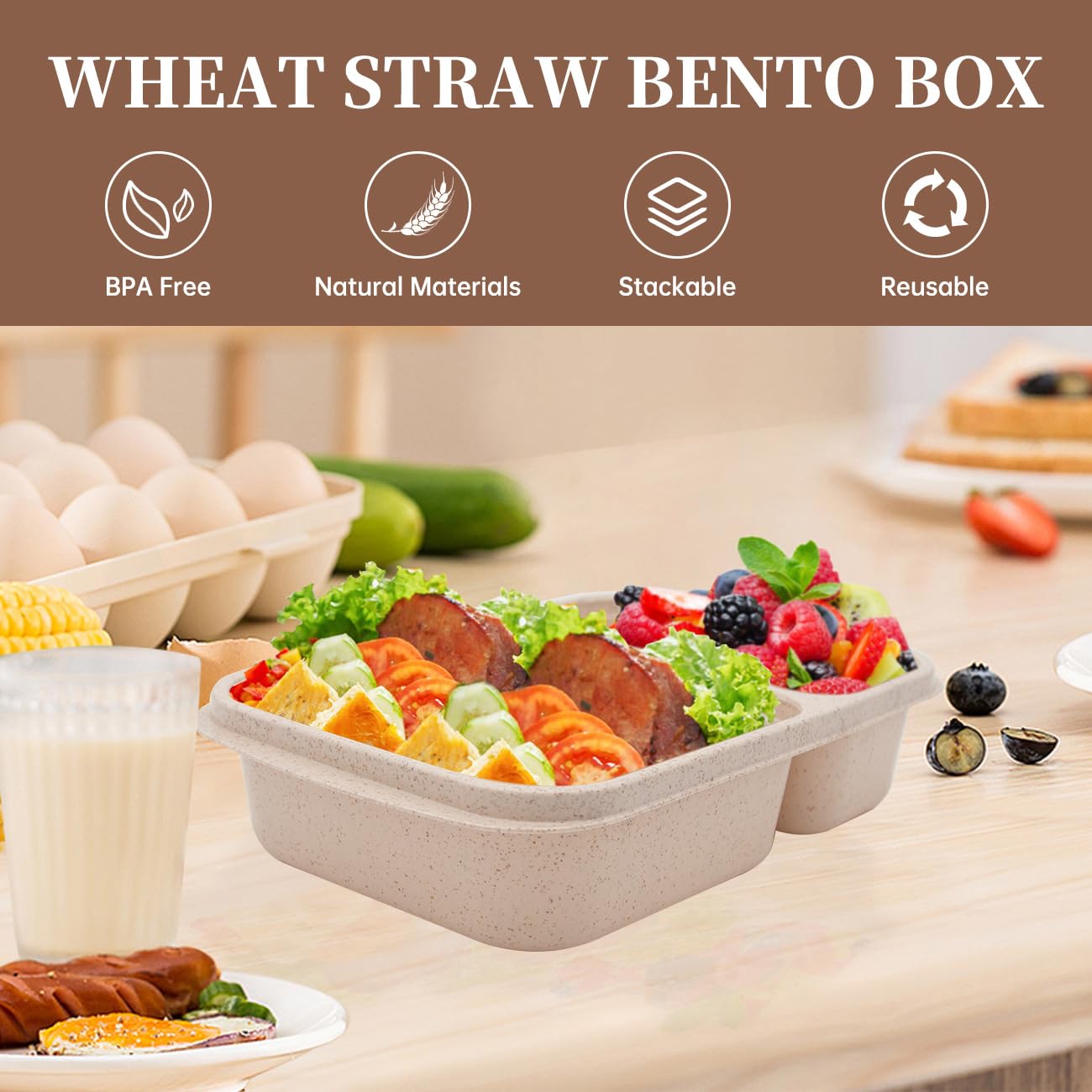 Luriseminger 4 Pack Bento Lunch Box, 2 Compartments Meal-Prep Containers With Lids, Microwave & Dishwasher Safe, Reusable Divide
